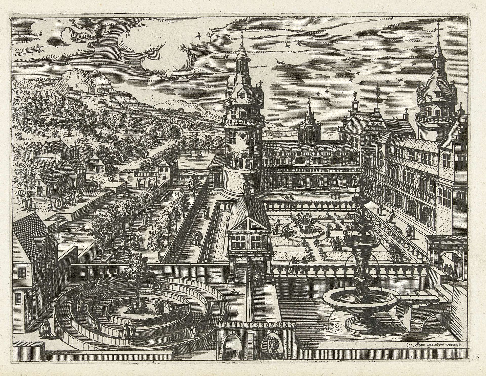 Kasteel met doolhof en fontein by Joannes van (I) Doetechum