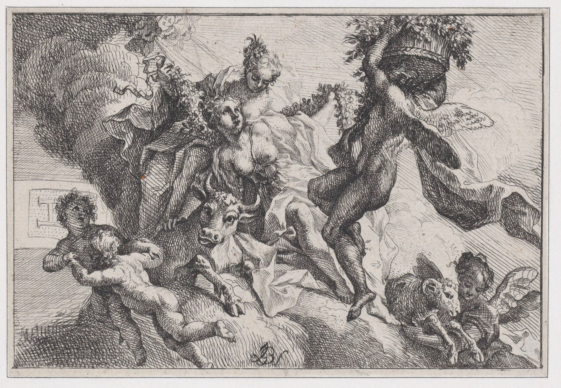 Autumn: allegorical scene with figures seated on clouds with a bull and ram by Johann Georg Bergmüller