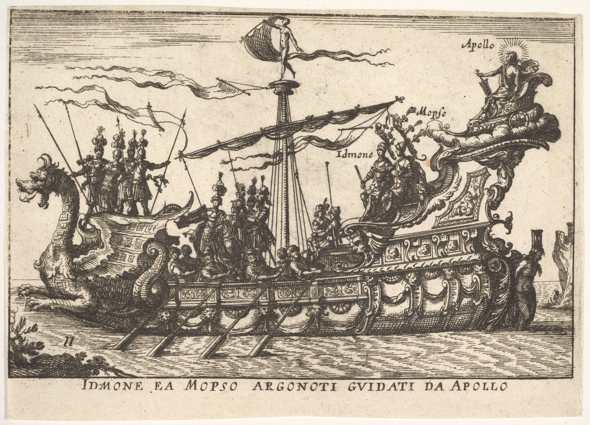 Plate 11: Idmon and Mopsus guided by Apollo (Idmone ea Mopso Argonoti guidati da Apollo), with an aureole around Apollo's head, from the series 'The magnificent pageant on the river Arno in Florence for the marriage of the Grand Duke' (Le Magnifique carousel fait sur le fleuve de l'Arne a Florence, pour le mariage du Grand Duc), for the wedding celebration of Cosimo de' Medici in Florence, 1608 by Anonymous
