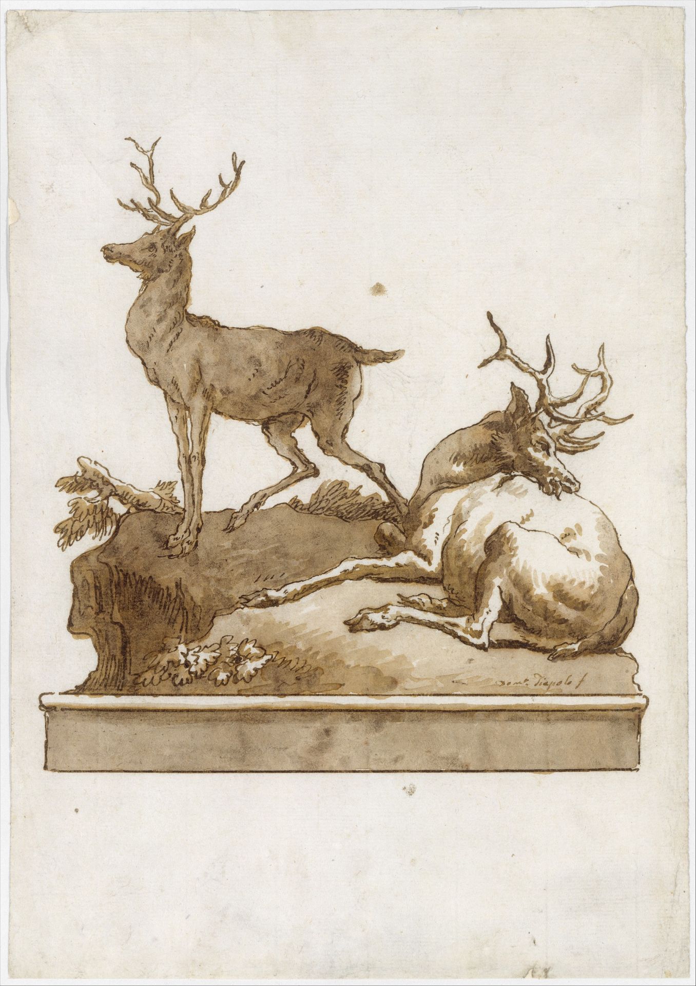 Two Stags, One Standing and One Lying, on a Grassy Knoll (with a Base) by Giovanni Domenico Tiepolo