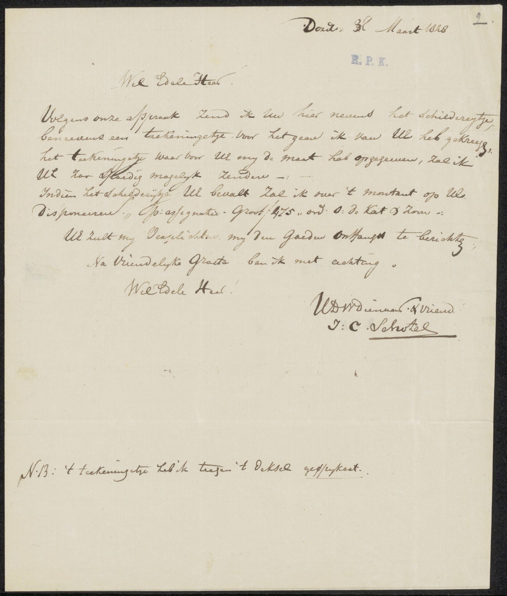 Brief aan Adrianus David Schinkel by Johannes Christiaan Schotel
