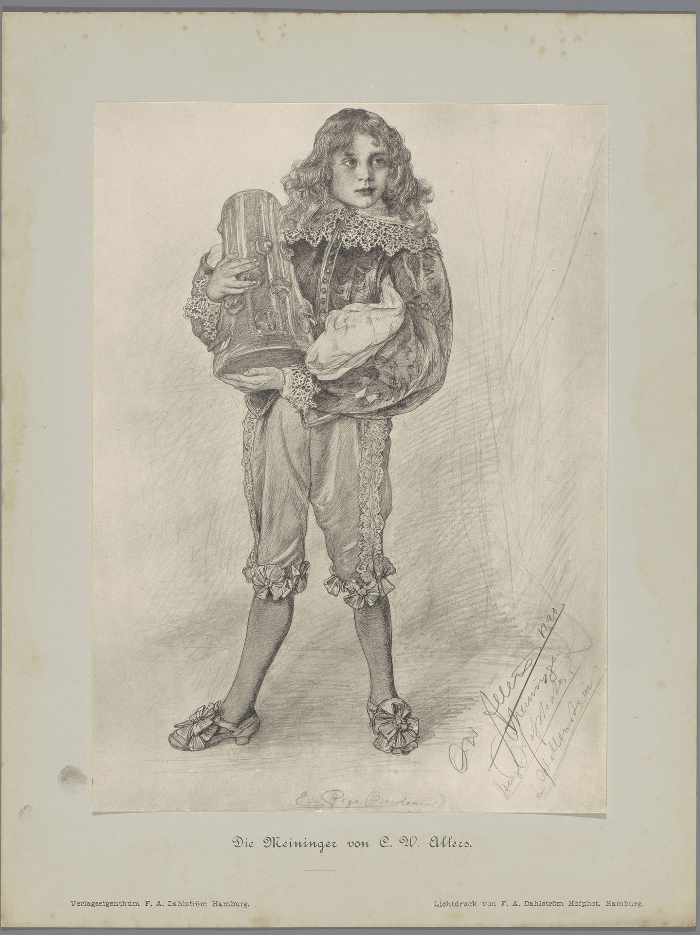 Fotoreproductie van een tekening, voorstellende een jonge toneelspeler in pagekostuum by F.A. Dahlström