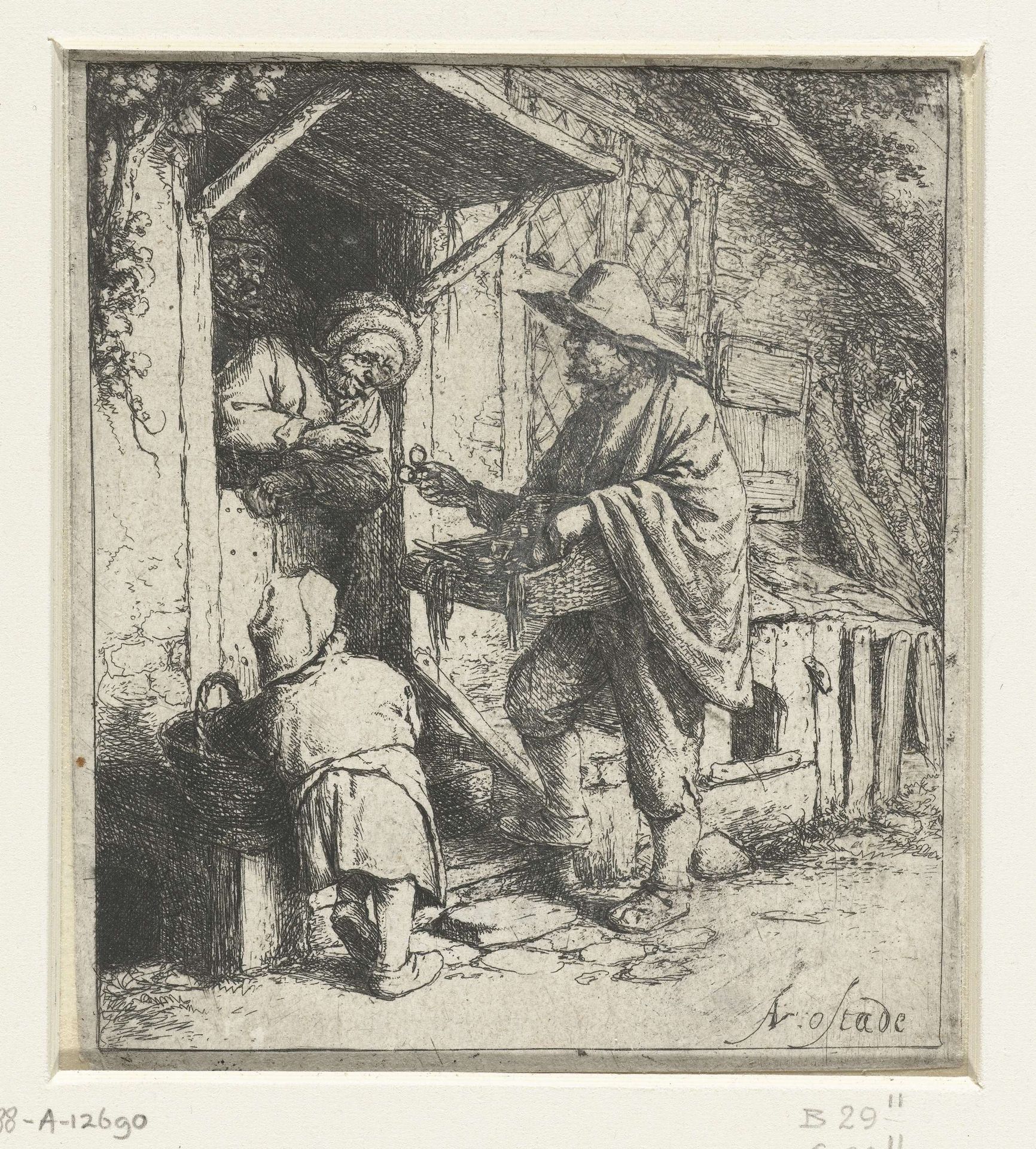 Brillenverkoper en een oude vrouw by Adriaen van Ostade