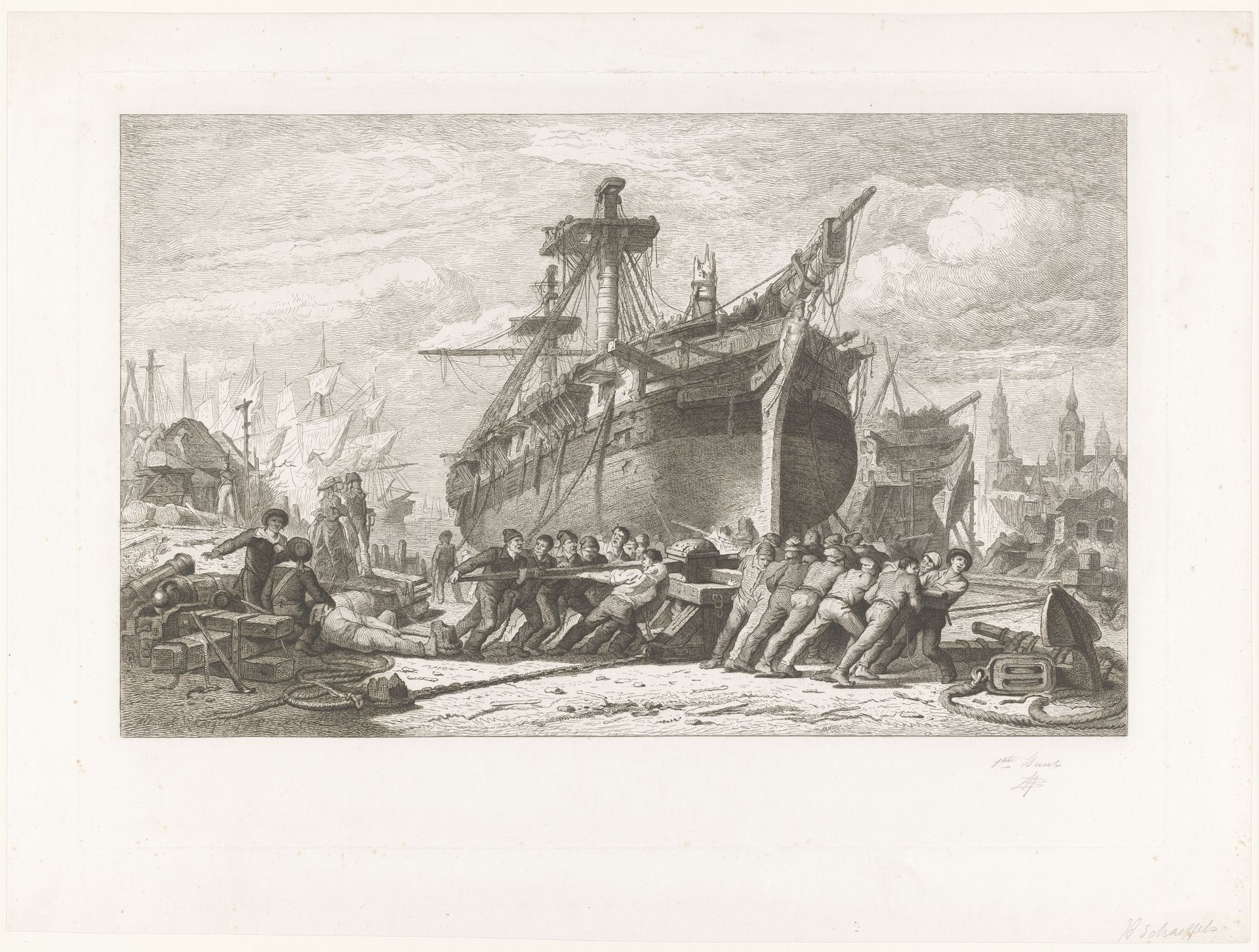 Scheepstimmerwerf met mannen die een molen draaien by Henri François Schaefels