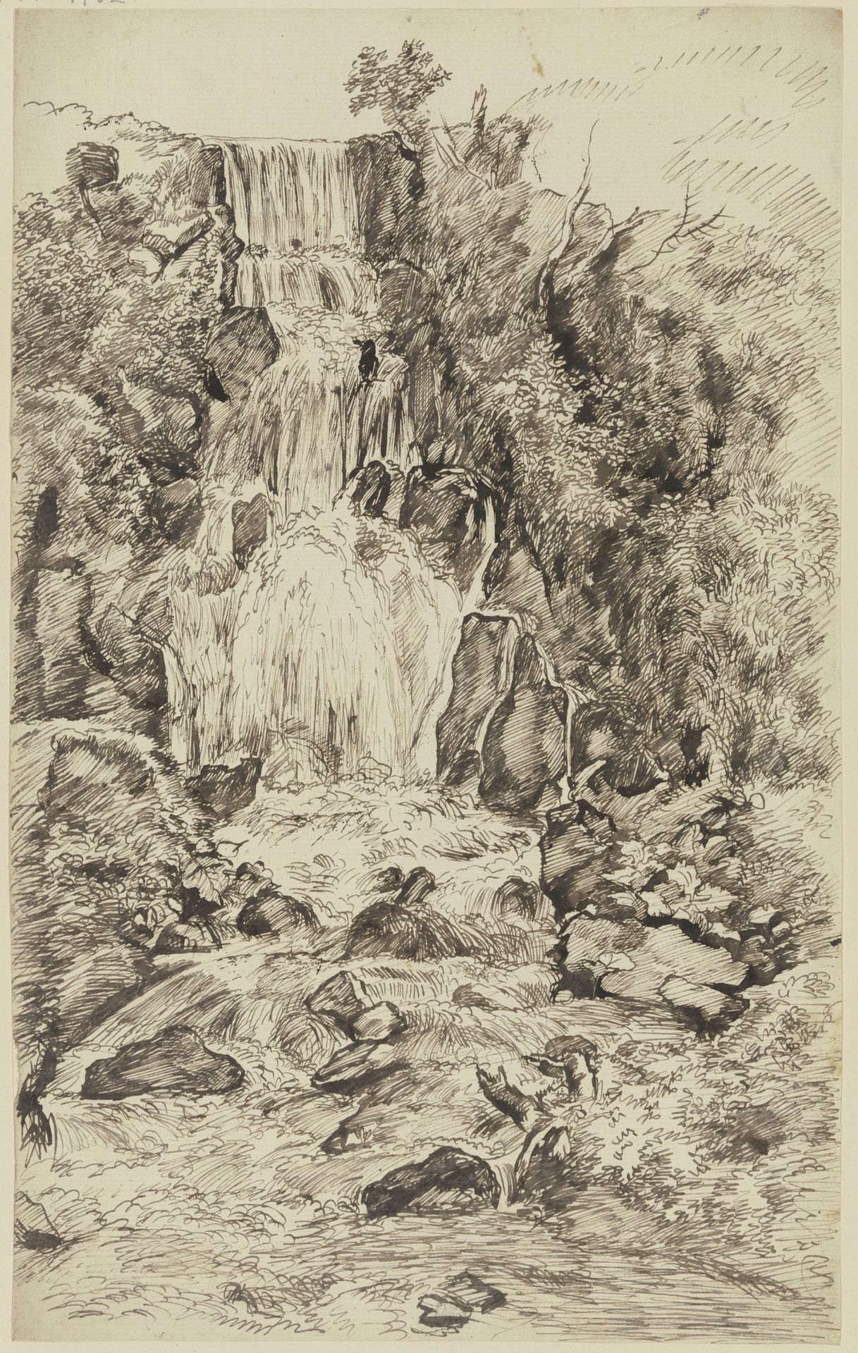 Landschaft mit hohem Wasserfall by Franz Kobell