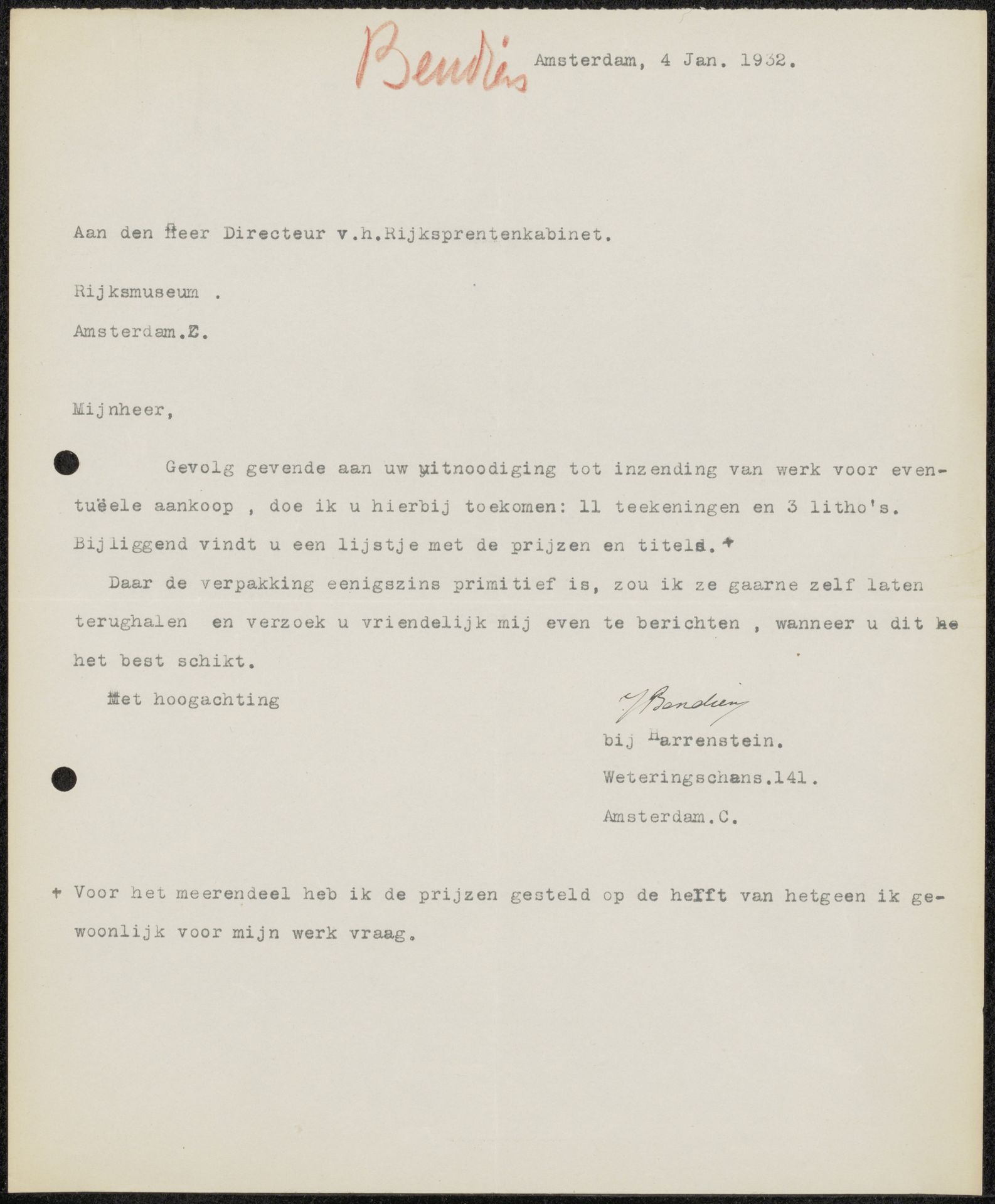 Brief aan jonkheer Hendrik Teding van Berkhout (1879-1969) by Jacob Bendien