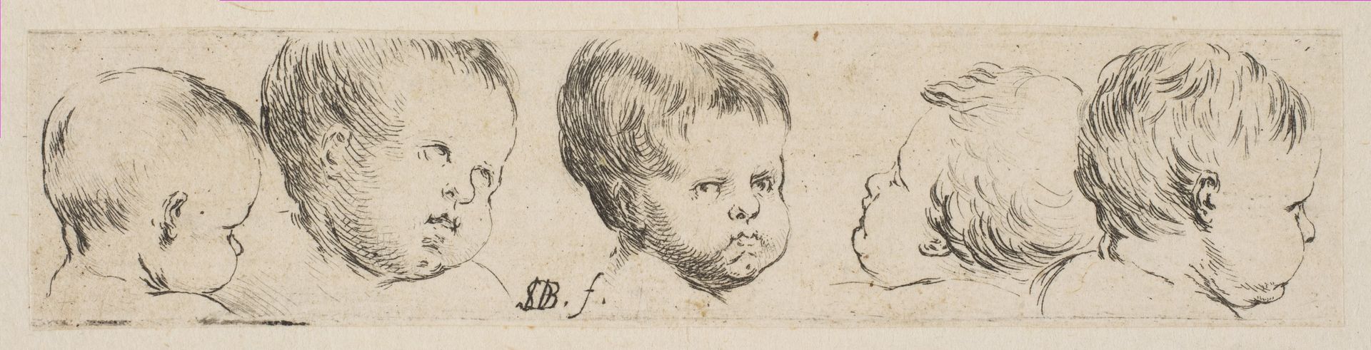 Plate 10: Five Heads of Children, from "Collection of various doodles and etching proofs" (Recueil de divers griffonnements et preuves d'eauforte) by Stefano della Bella