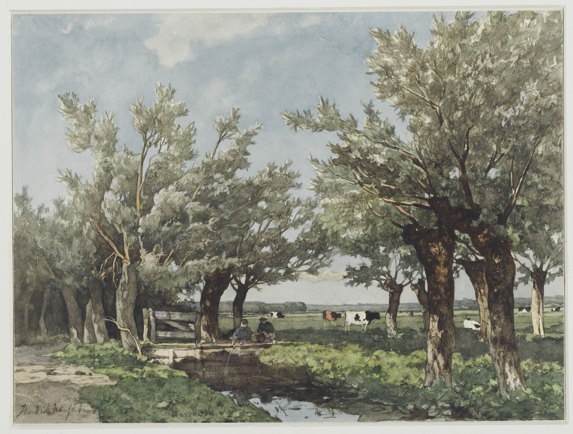 Landschap met een sloot waar twee jongens vissen by Johan Hendrik Weissenbruch