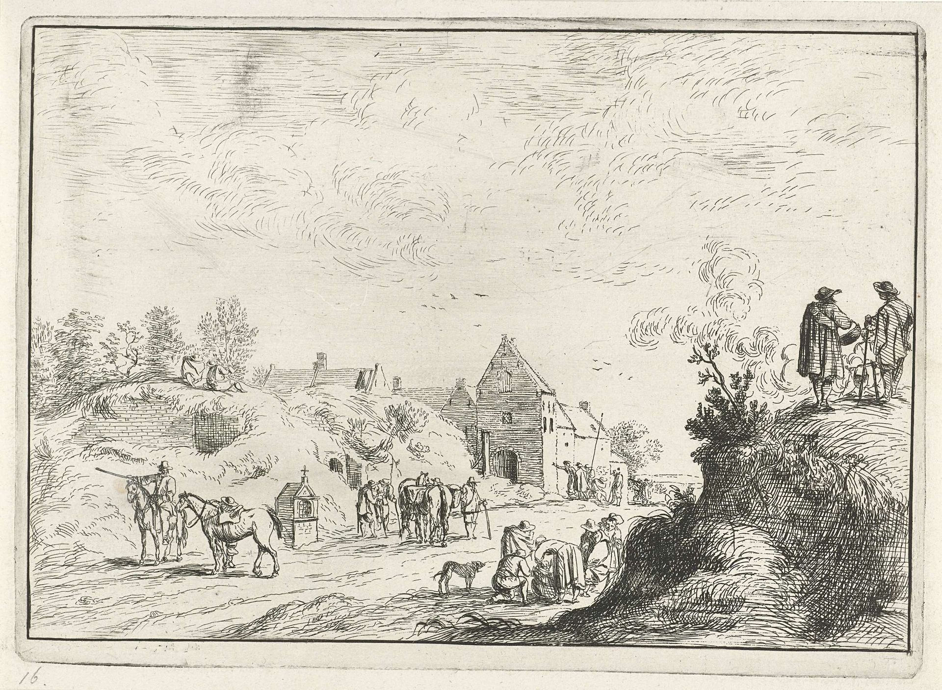 Vele figuren op een pad bij een dorp by Robert van den Hoecke