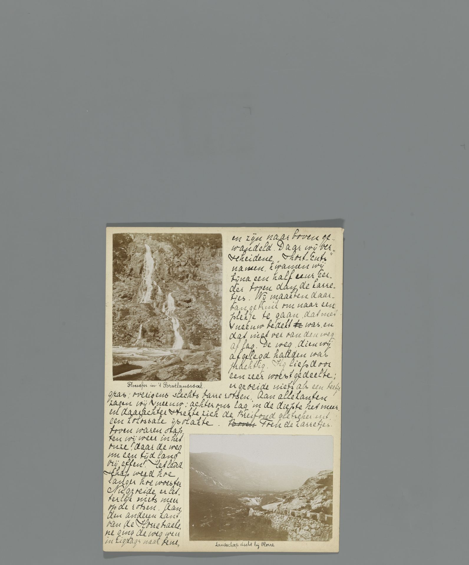 Zeventiende pagina van een dagboek van een reis door Noorwegen met twee foto's van de Flesefossen en Brattlandsdalen by Hendrik Herman van den Berg