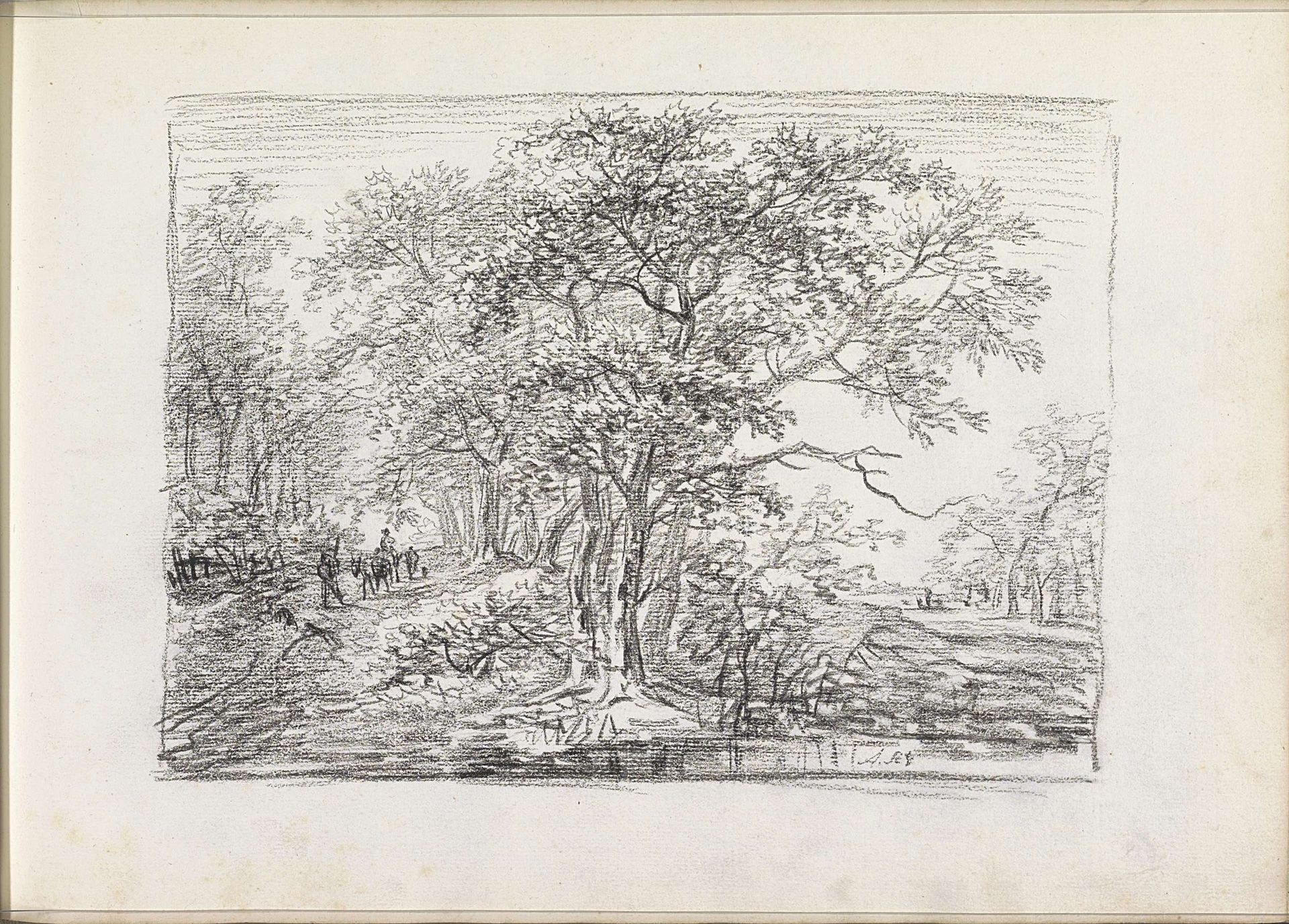 Ezel en figuren op een pad langs een waterkant by Andreas Schelfhout
