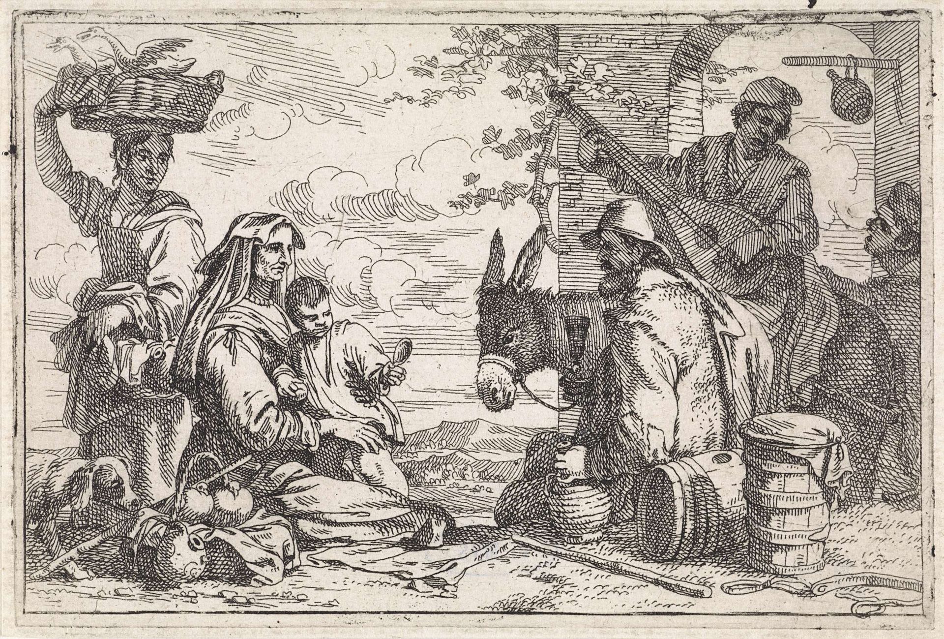 Reizigers rusten voor herberg by Jan Baptist de Wael