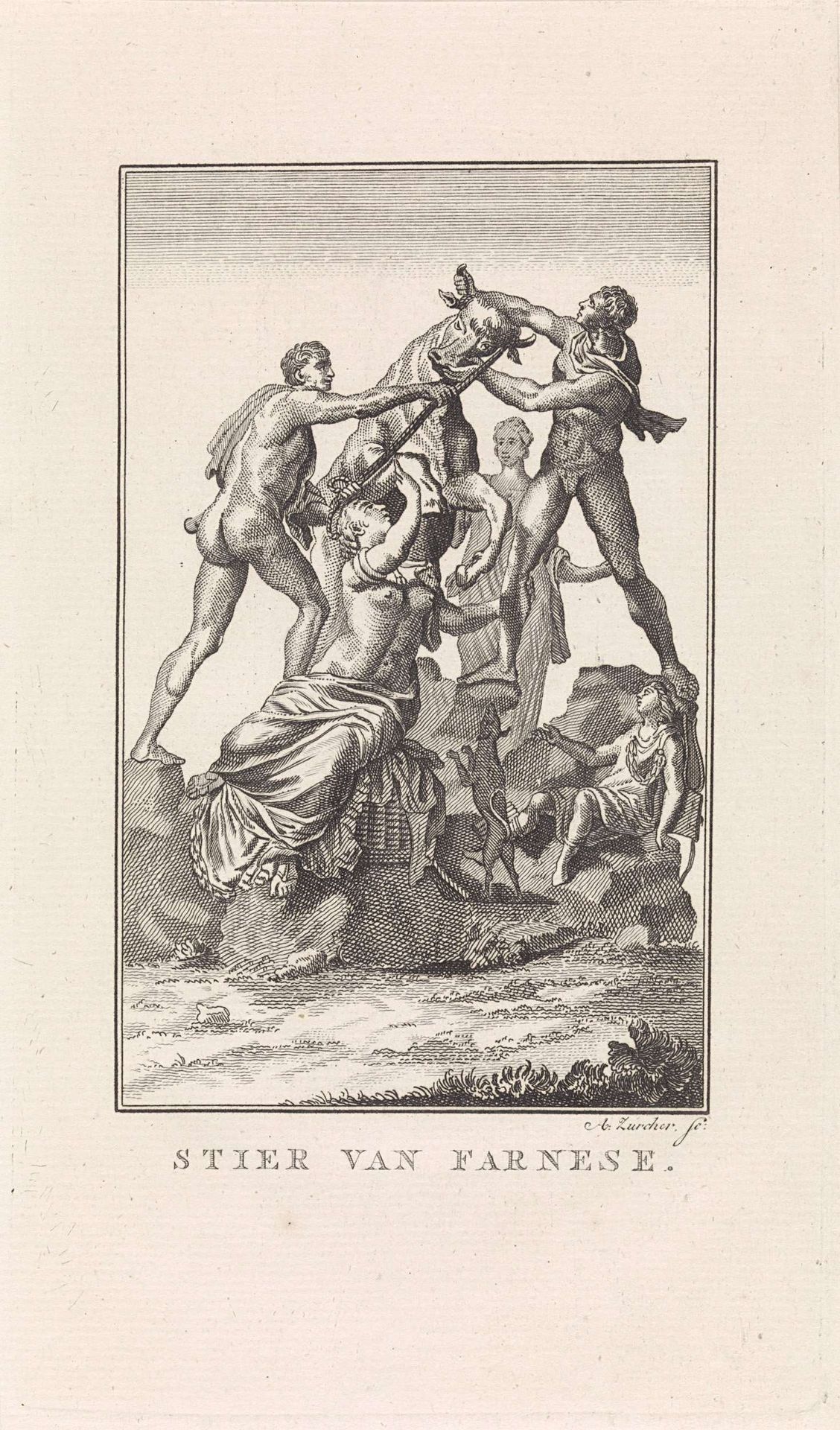Amphion en Zethus binden Dirce aan de stier by Antoni Zürcher