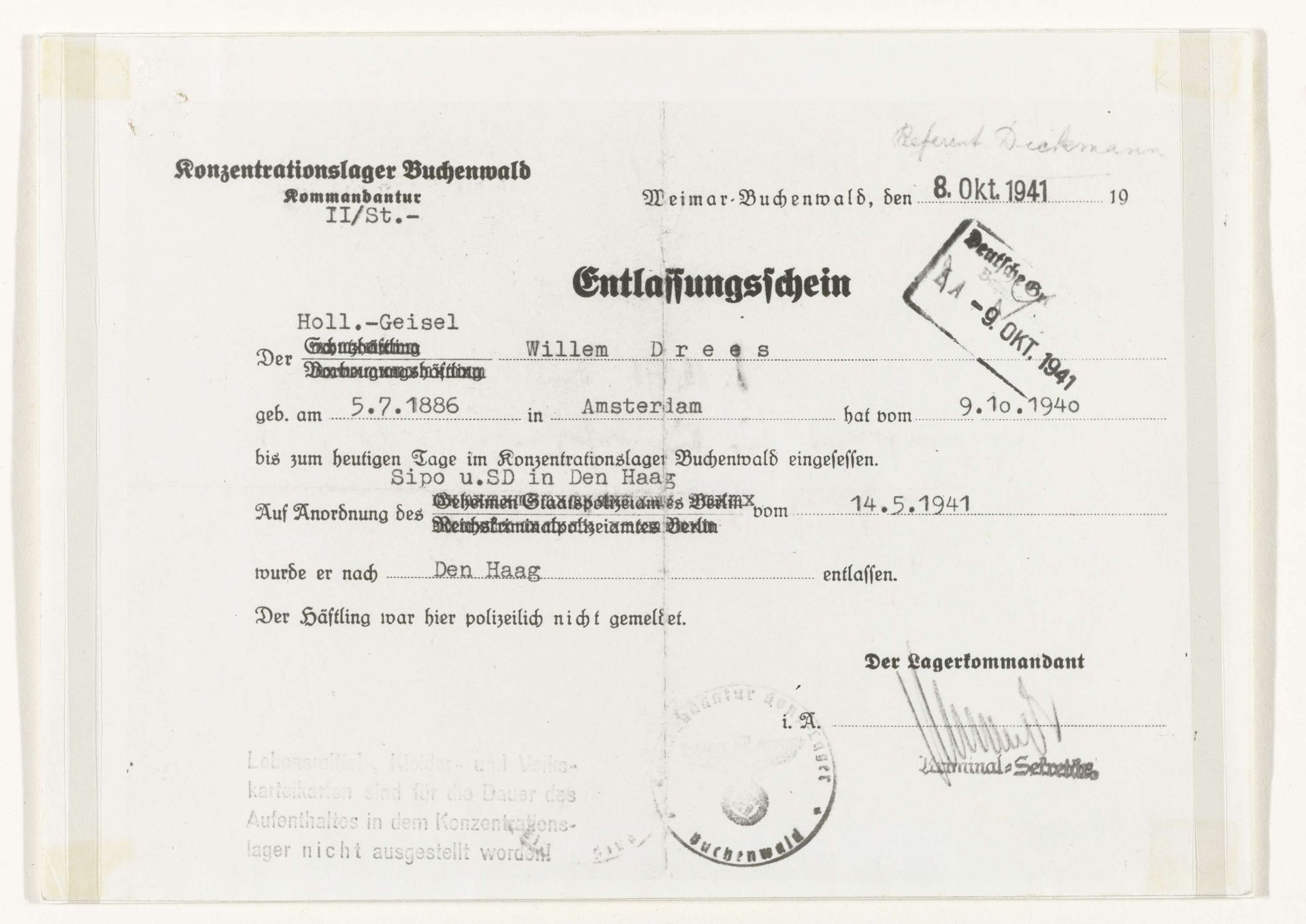 Fotokopie van de voorzijde van een ontslagbriefje uit concentratiekamp Buchenwald by Anonymous