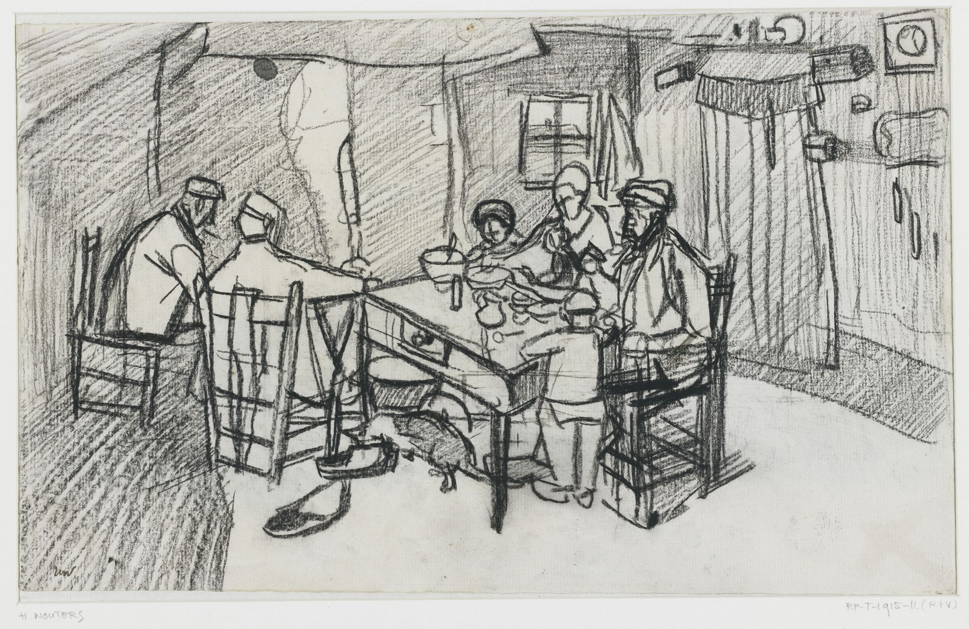Boereninterieur met familie aan tafel by Henri Wouters