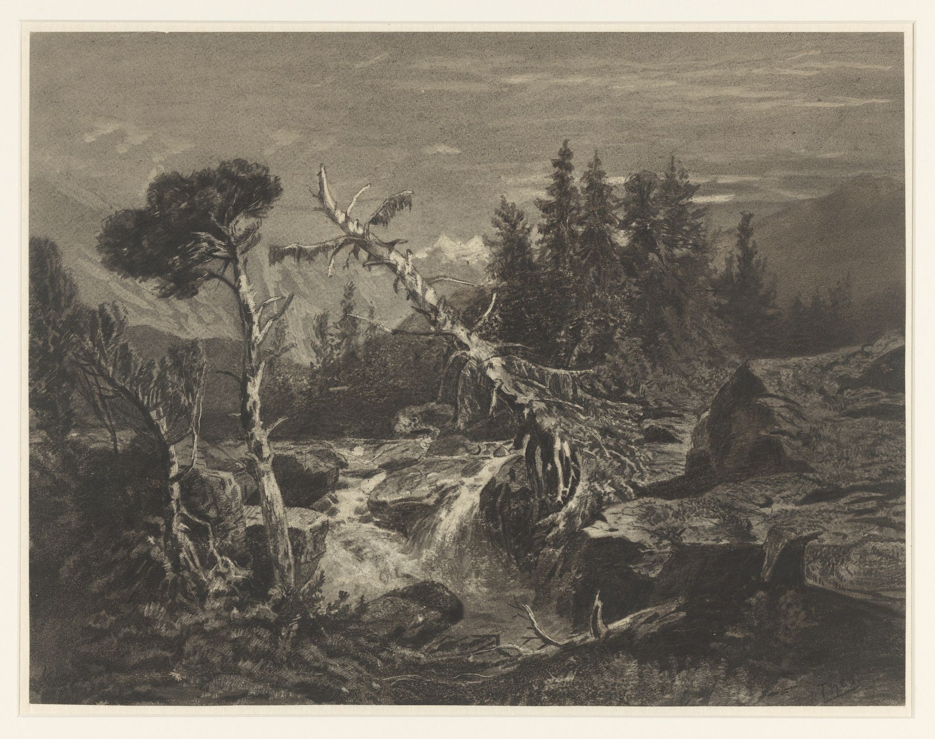 Bergachtig landschap met waterval en boomstronken by Theo van Hoytema