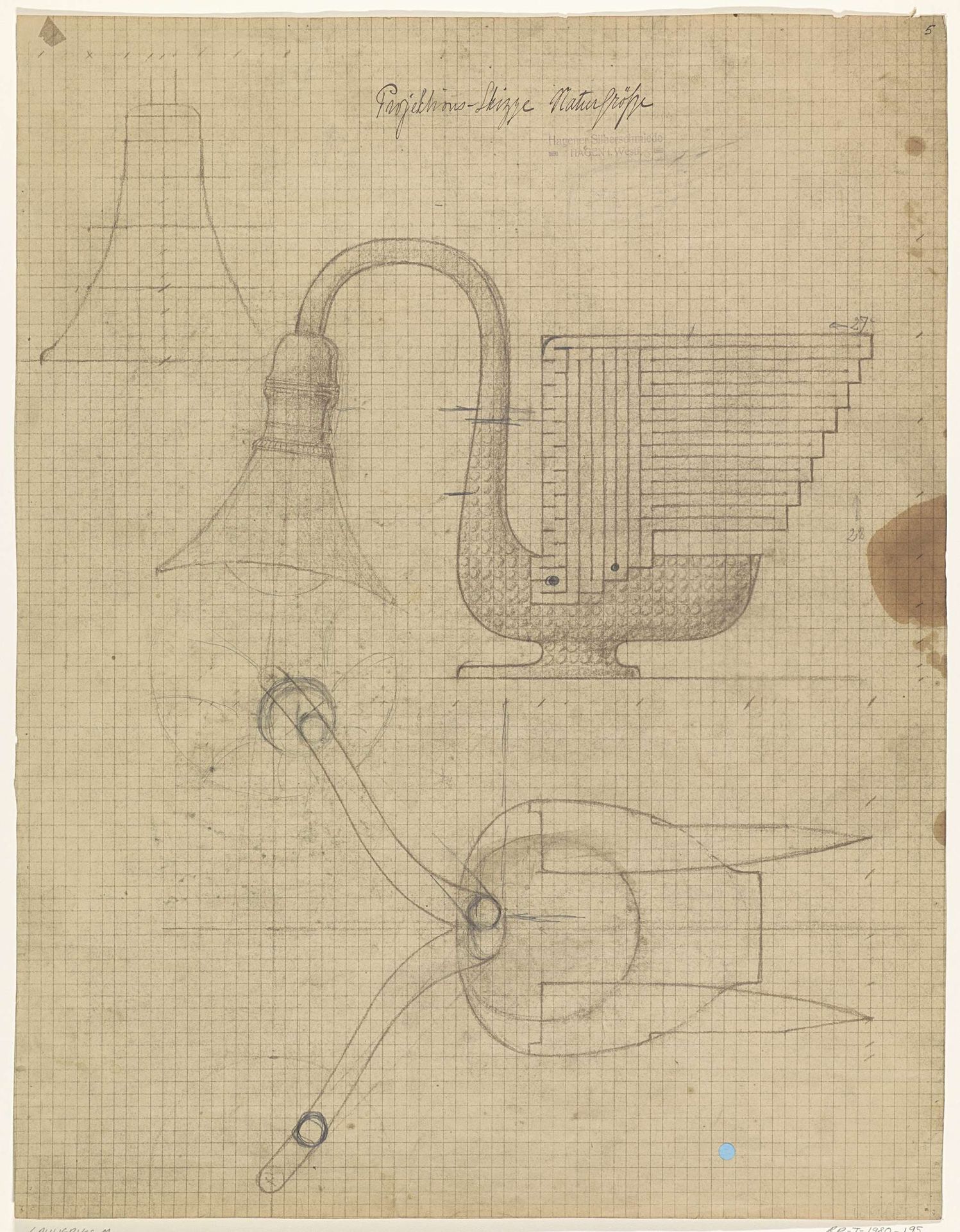 Ontwerp voor een zilveren lamp in de vorm van een vogel by Mathieu Lauweriks