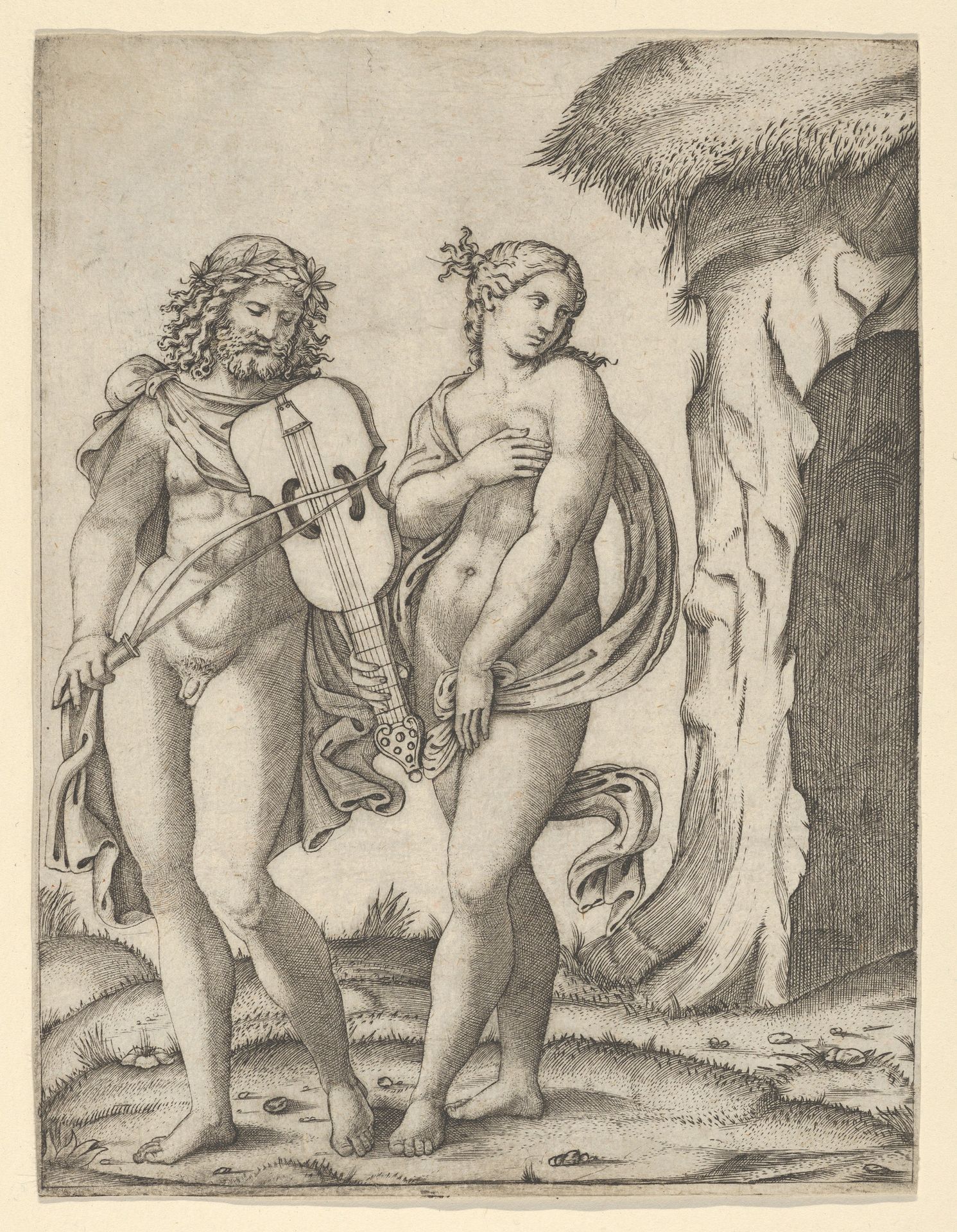 Orpheus standing at left playing the violin, Eurydice at right covering herself by Marcantonio Raimondi