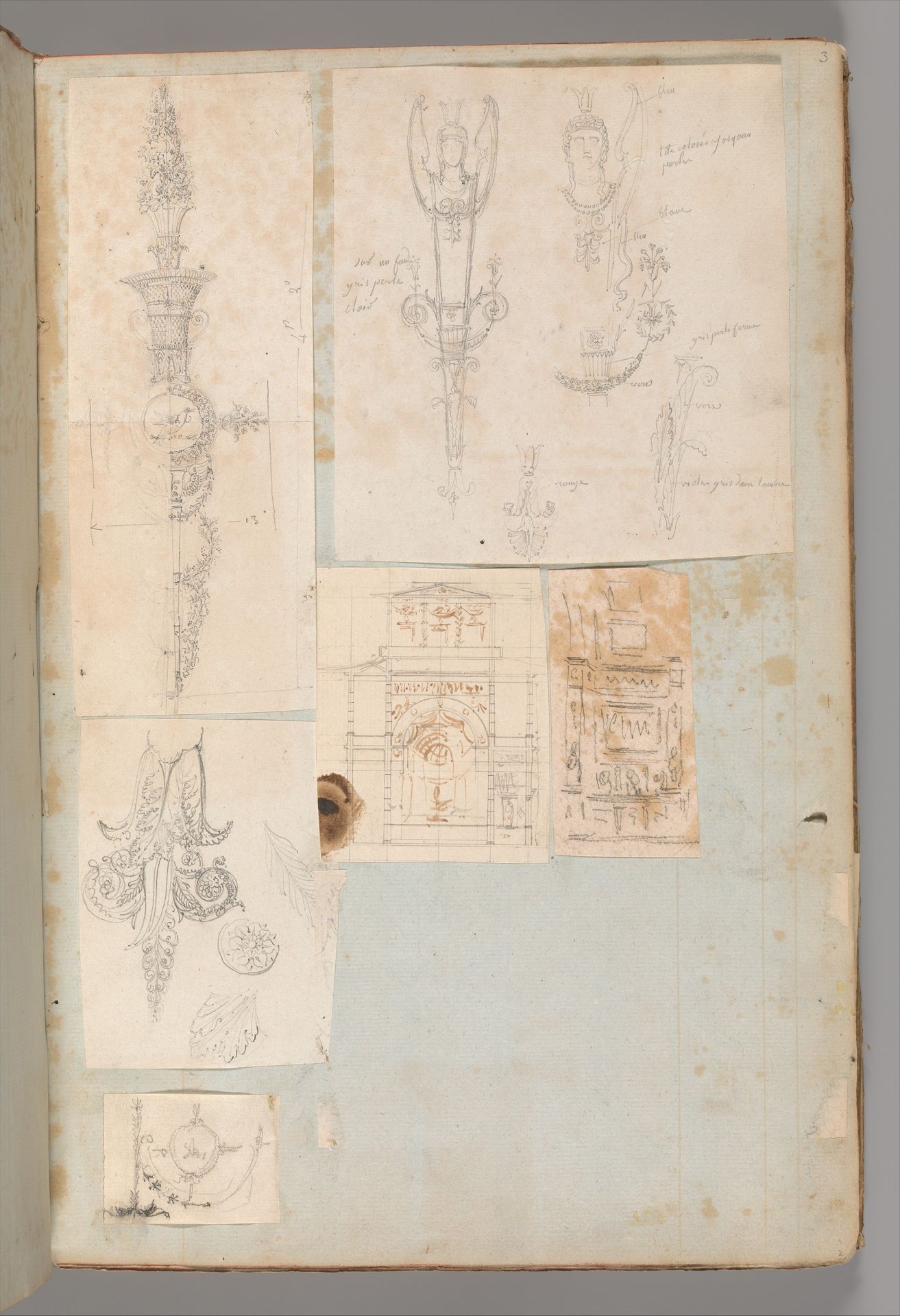 Page from a Scrapbook containing Drawings and Several Prints of Architecture, Interiors, Furniture and Other Objects by Charles Percier