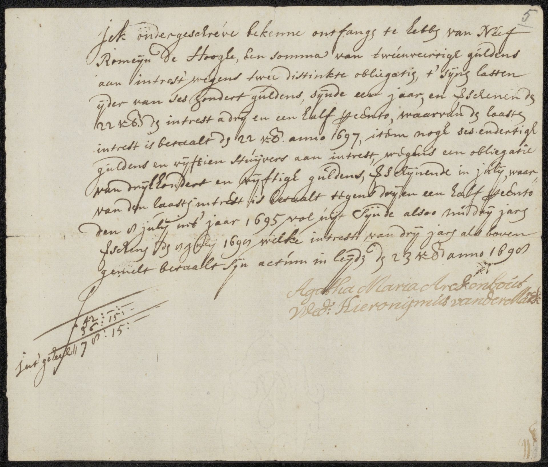 Kwitantie voor Romeyn de Hooghe by Agatha Maria Arkenbout