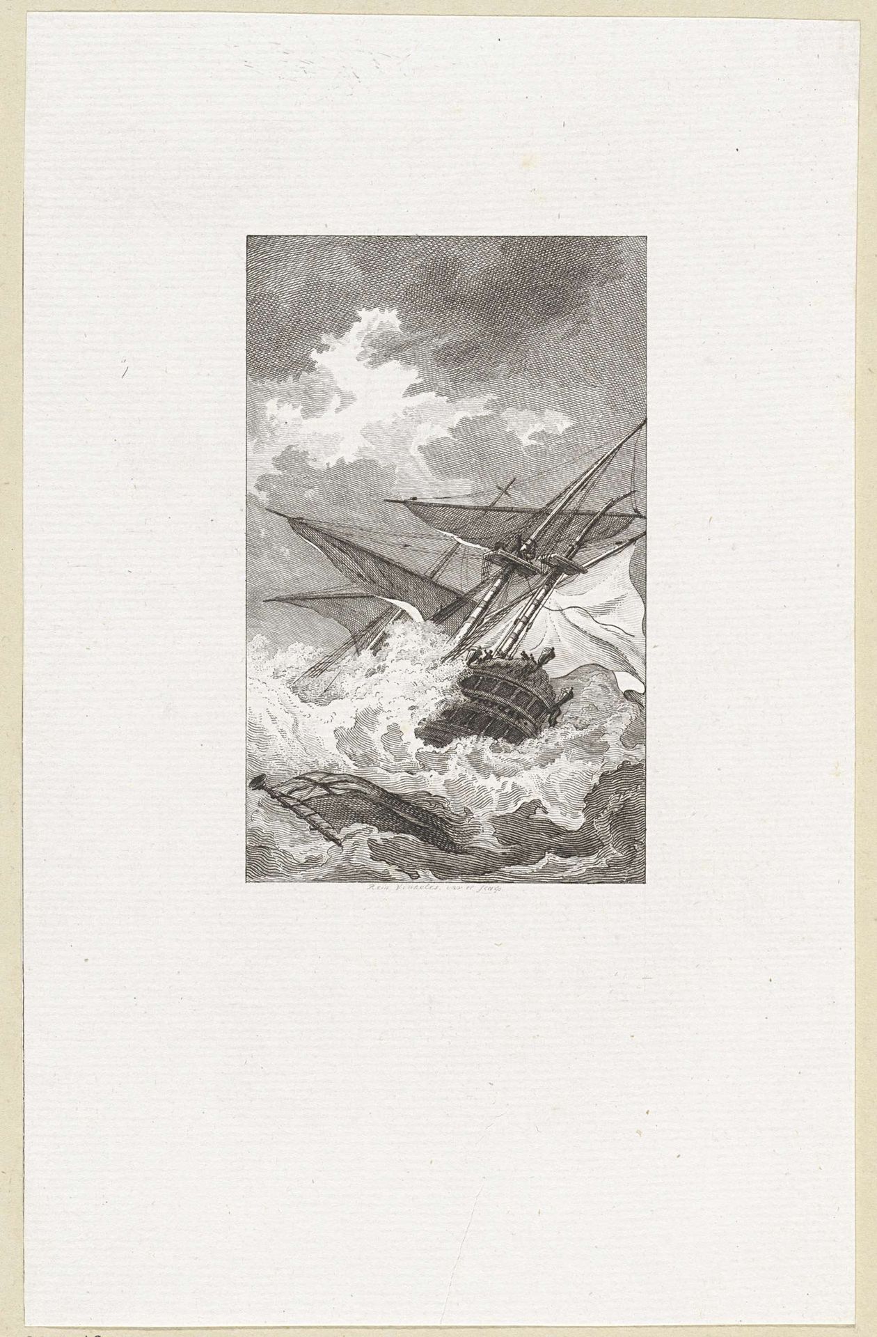Schip in volle zee bij storm by Reinier Vinkeles