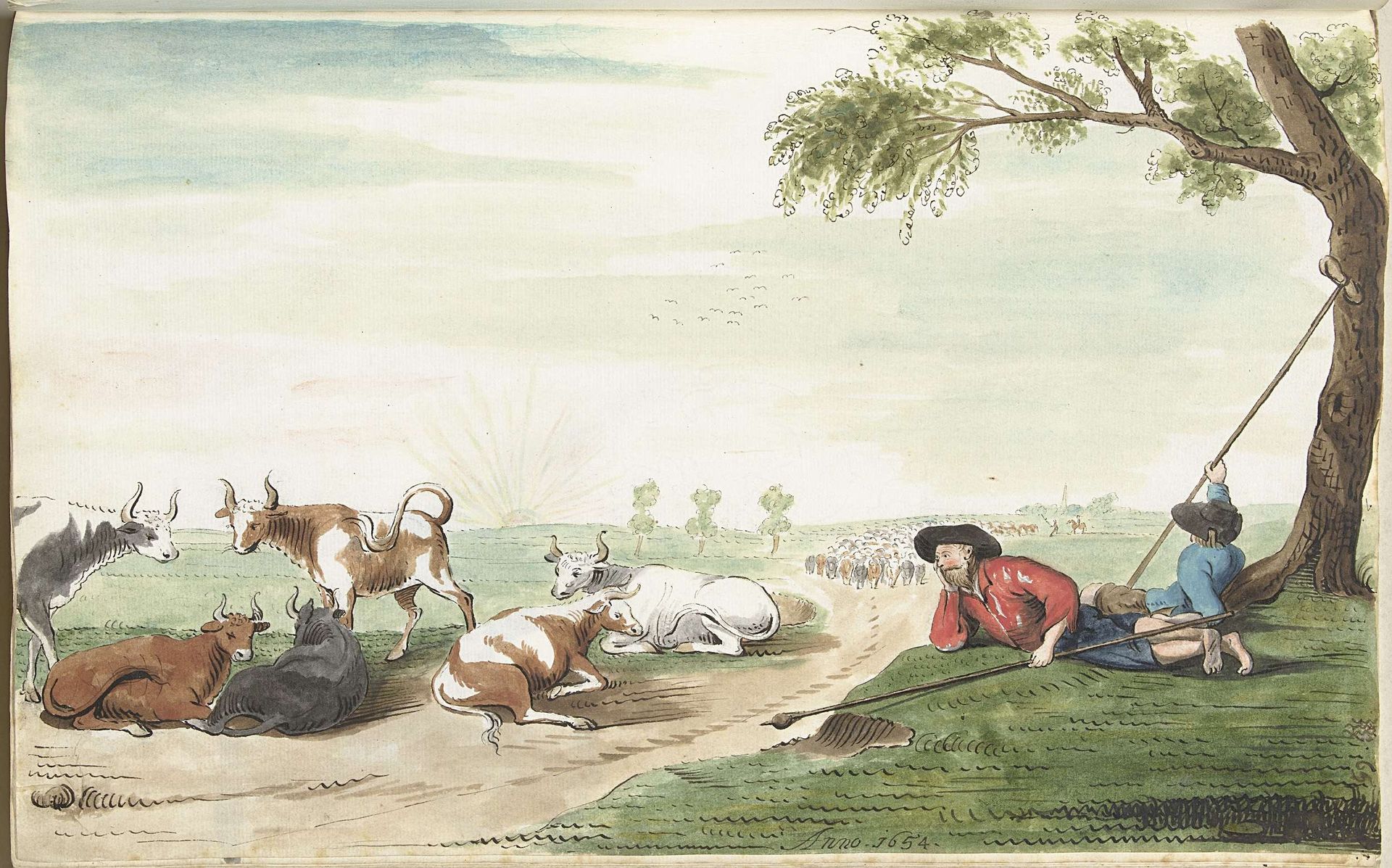 Twee koeherders bij zonsopgang of zonsondergang by Gesina ter Borch
