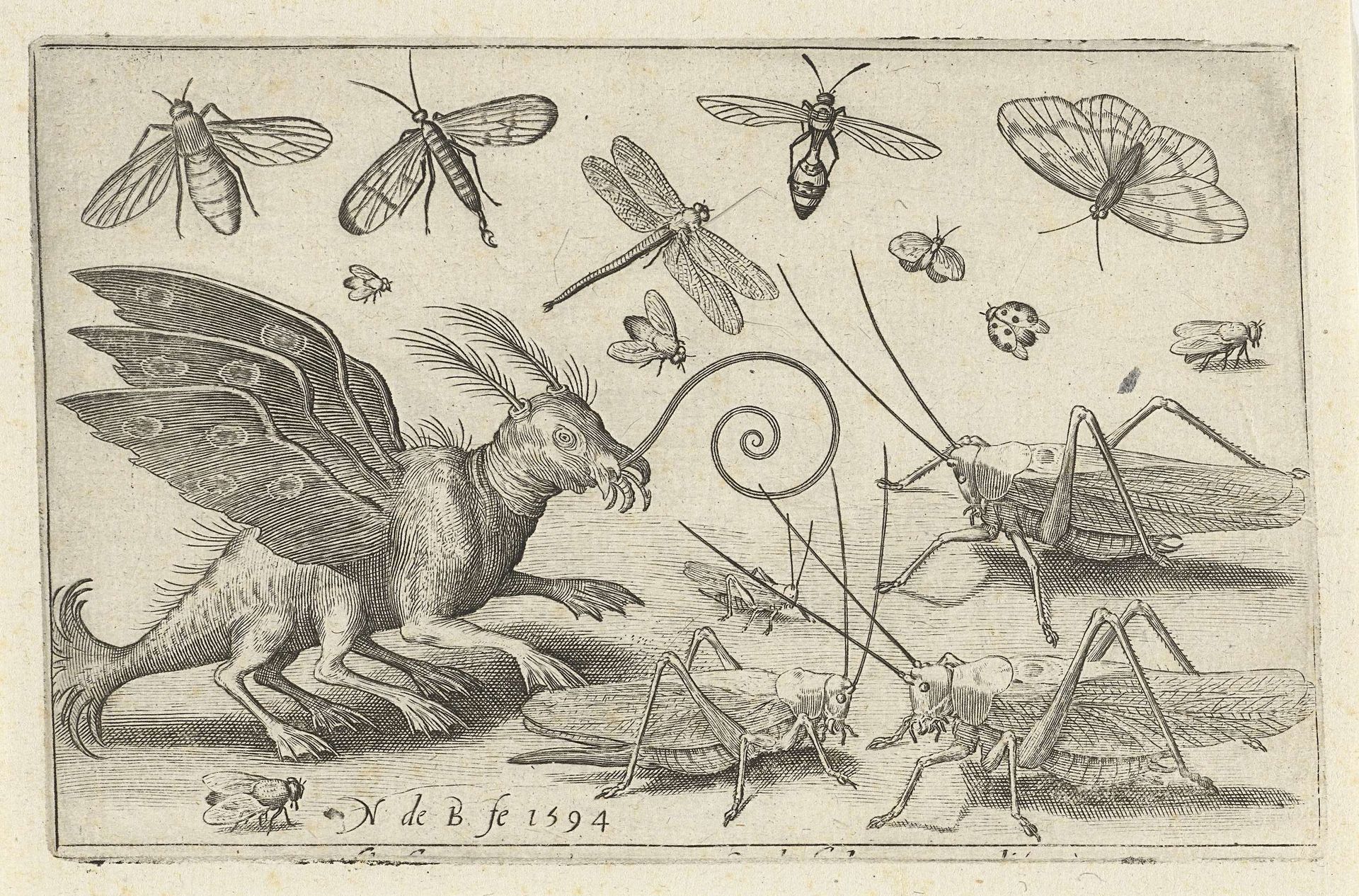 Sprinkhanen en fantasiewezen met vleugels en zwemvliezen by Nicolaes de Bruyn