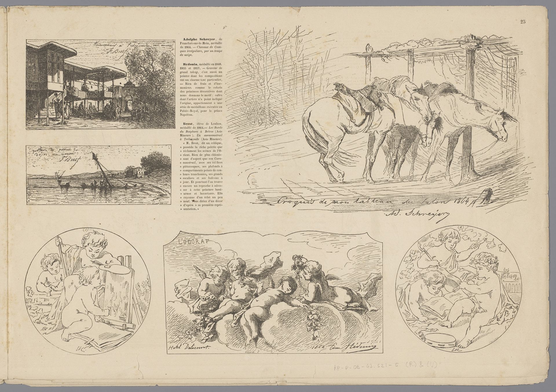 Gezicht op een huis, kustlandschap, drie paarden en verschillende voorstellingen van putti by Firmin Gillot