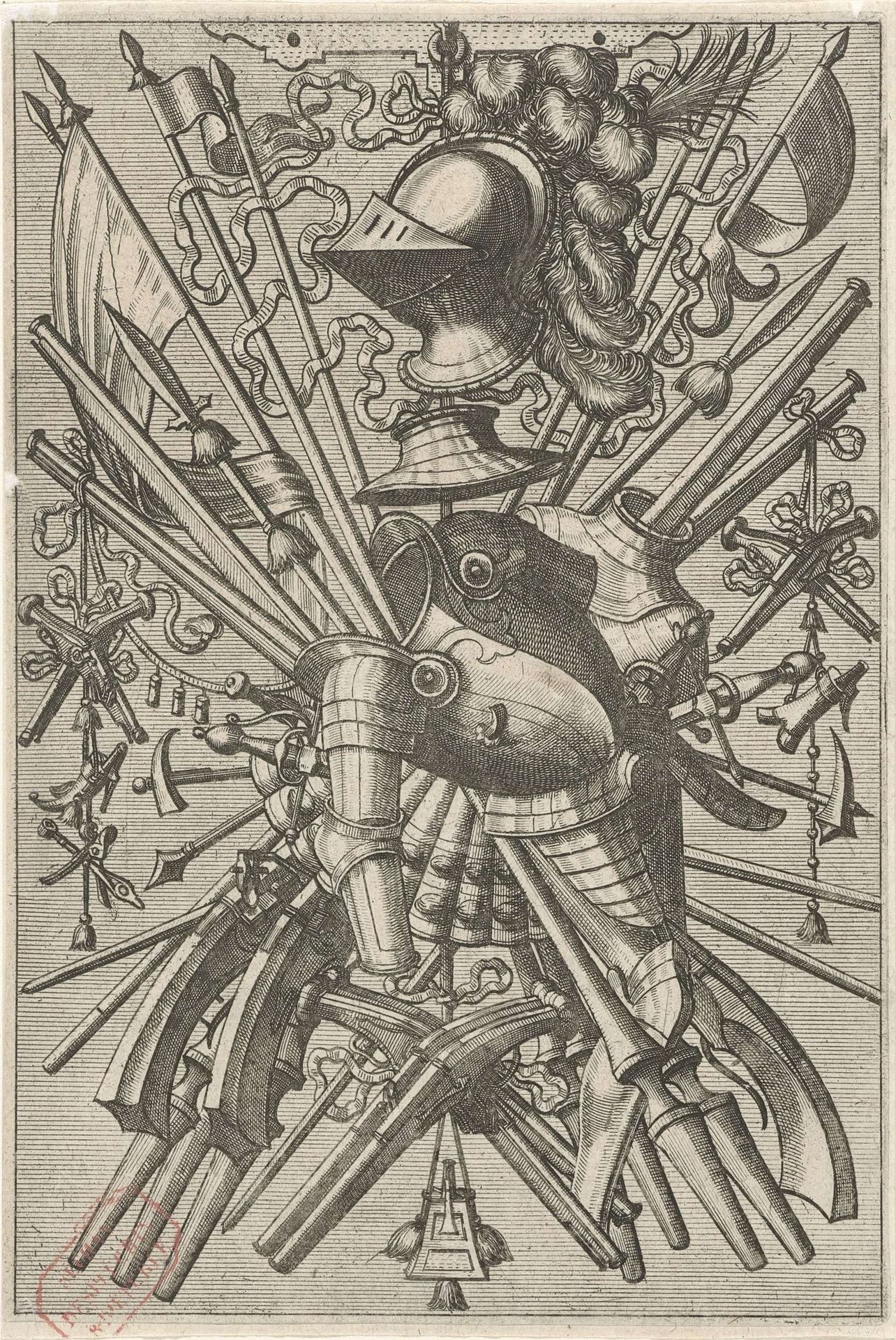 Vlakdecoratie, bestaande uit een wapentrofee by Johannes of Lucas van Doetechum