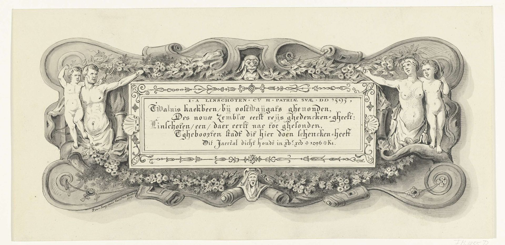 Plaque met vers op het walvisbeen van Jan Huygen van Linschoten in het stadhuis van Haarlem, 1596 by Pieter van Looy