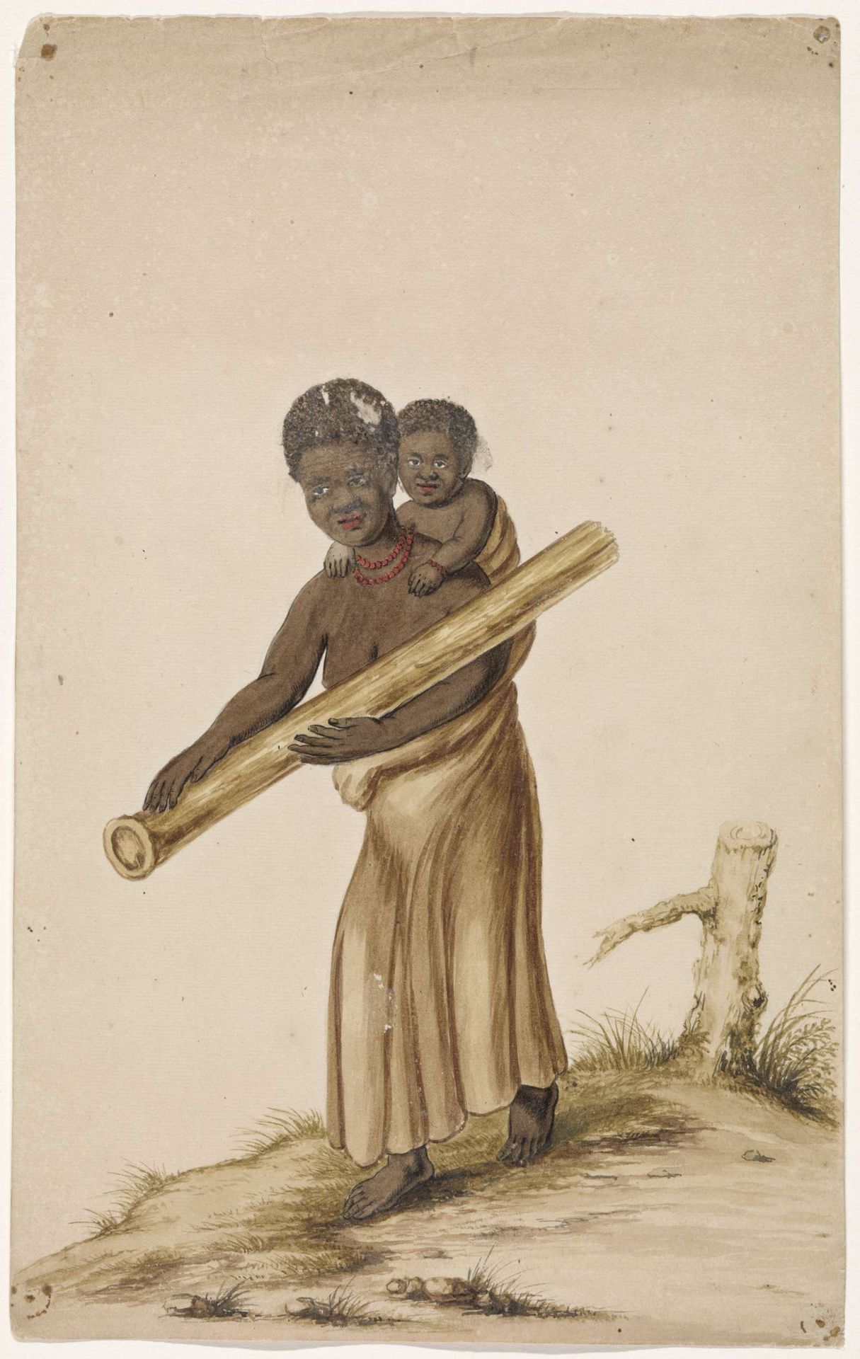 Afrikaanse vrouw met kind en boomstam by Anonymous