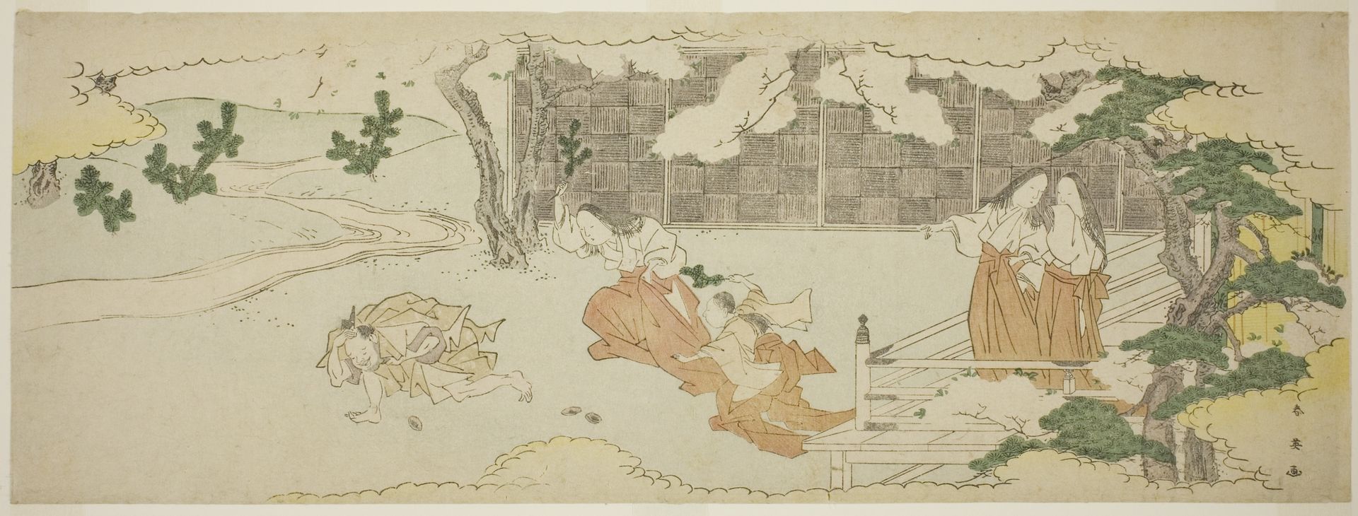 Court Ladies on a Balcony Watching a Woman and a Girl Chasing a Man in the Yard under Blossoming Cherry Trees by Katsukawa Shun'ei