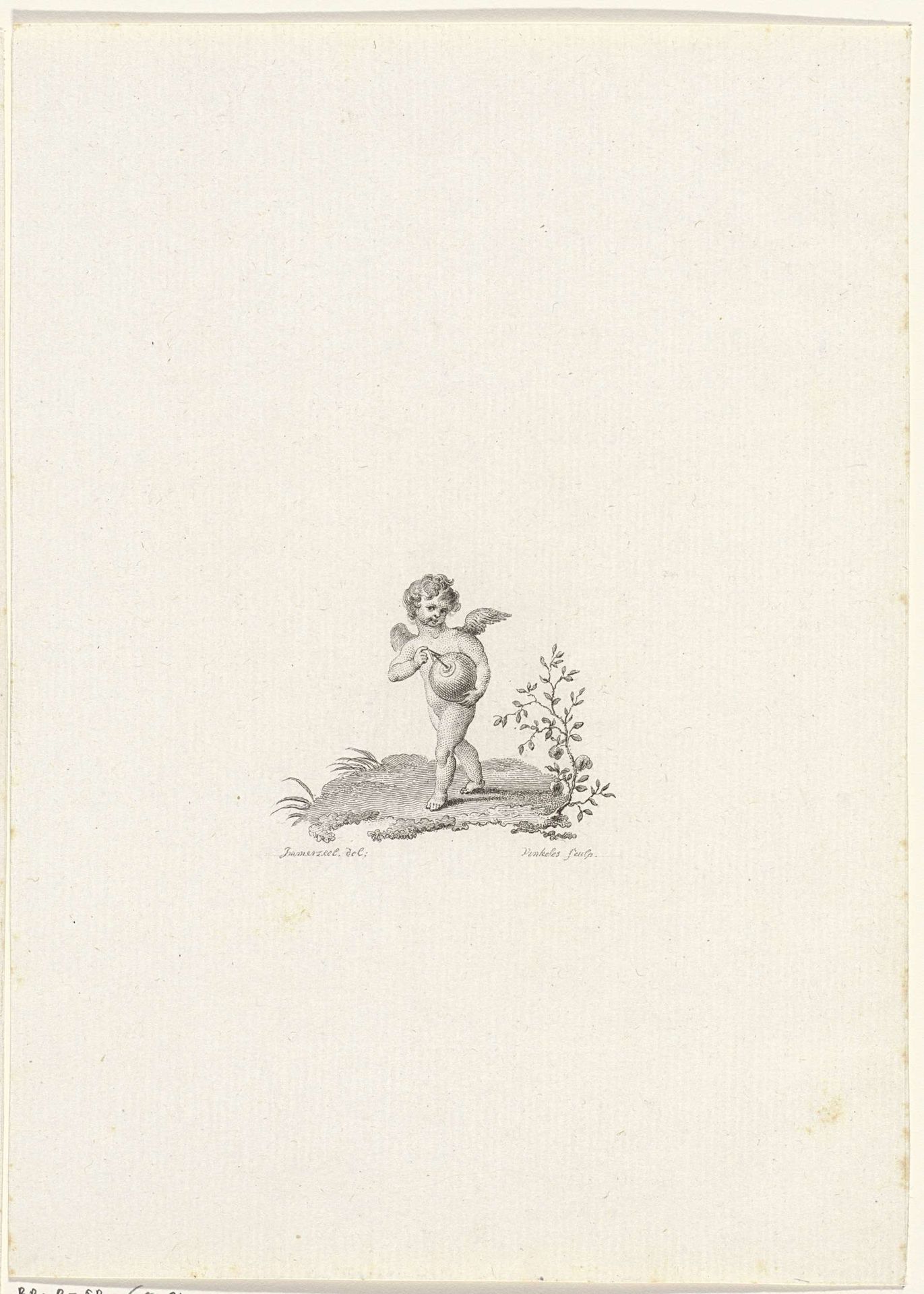 Putto met een bol waar een pijl uit steekt by Reinier Vinkeles