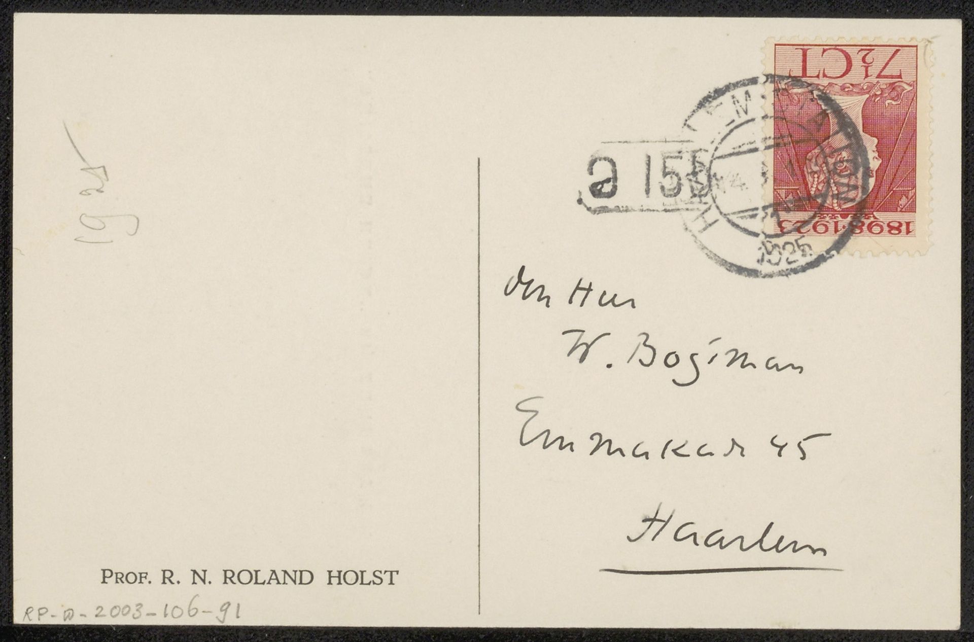 Prentbriefkaart aan Willem Bogtman by Richard Nicolaüs Roland Holst