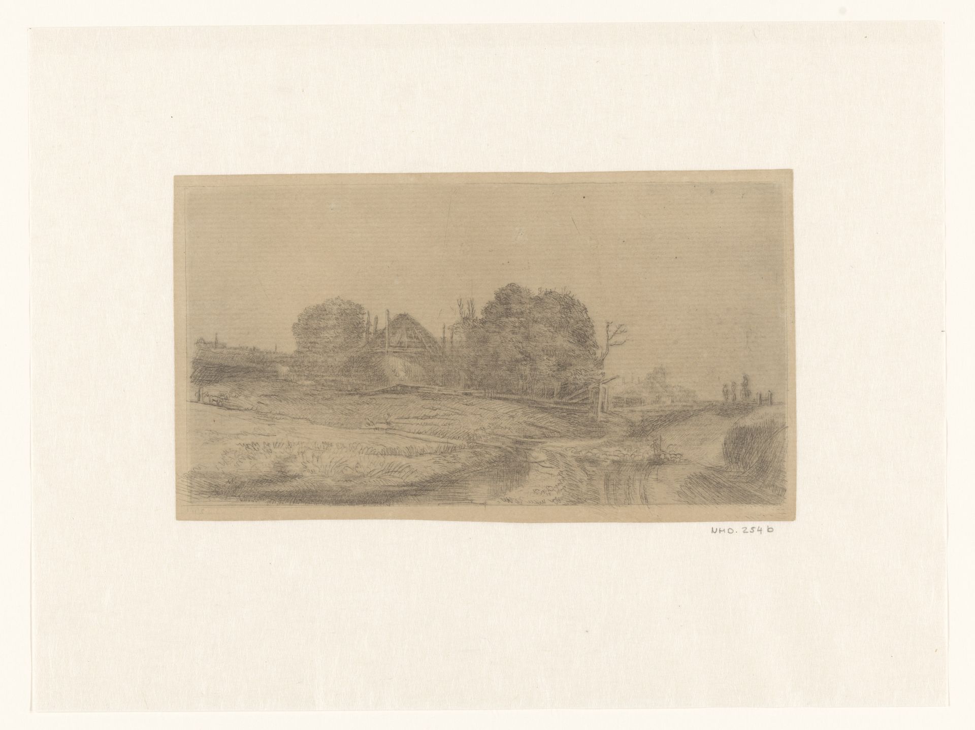 Cottages and a hay barn on the Diemerdijk with a flock of sheep by Claude Henri Watelet