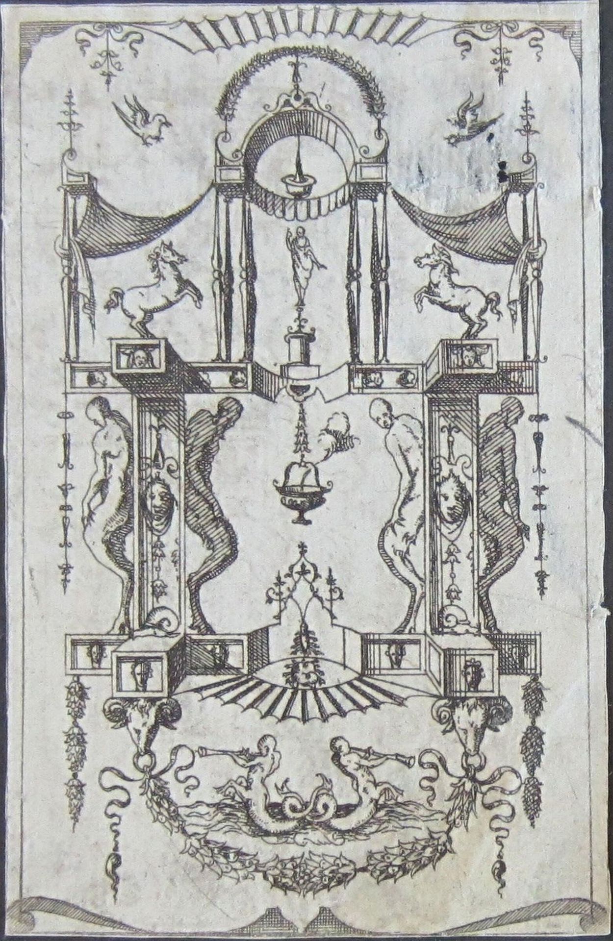 Grotesque with Four Fauns, Two Rearing Horses, and Two Tritons Blowing Horns by Jacques Androuet Du Cerceau
