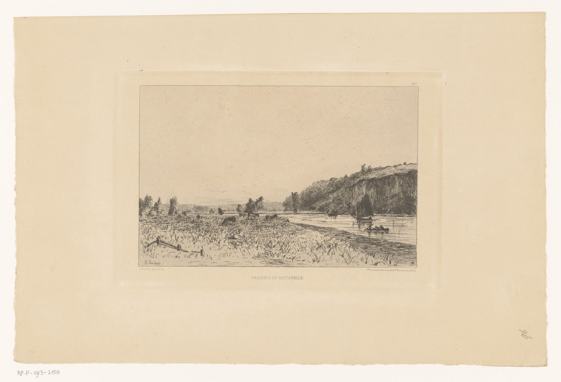 Grasland en rivier te Vatteville by Albert Porcher