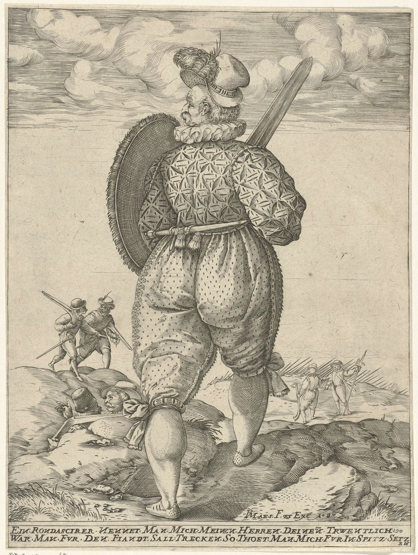 Soldaat met zwaard en schild, van achteren gezien by Pieter Maes