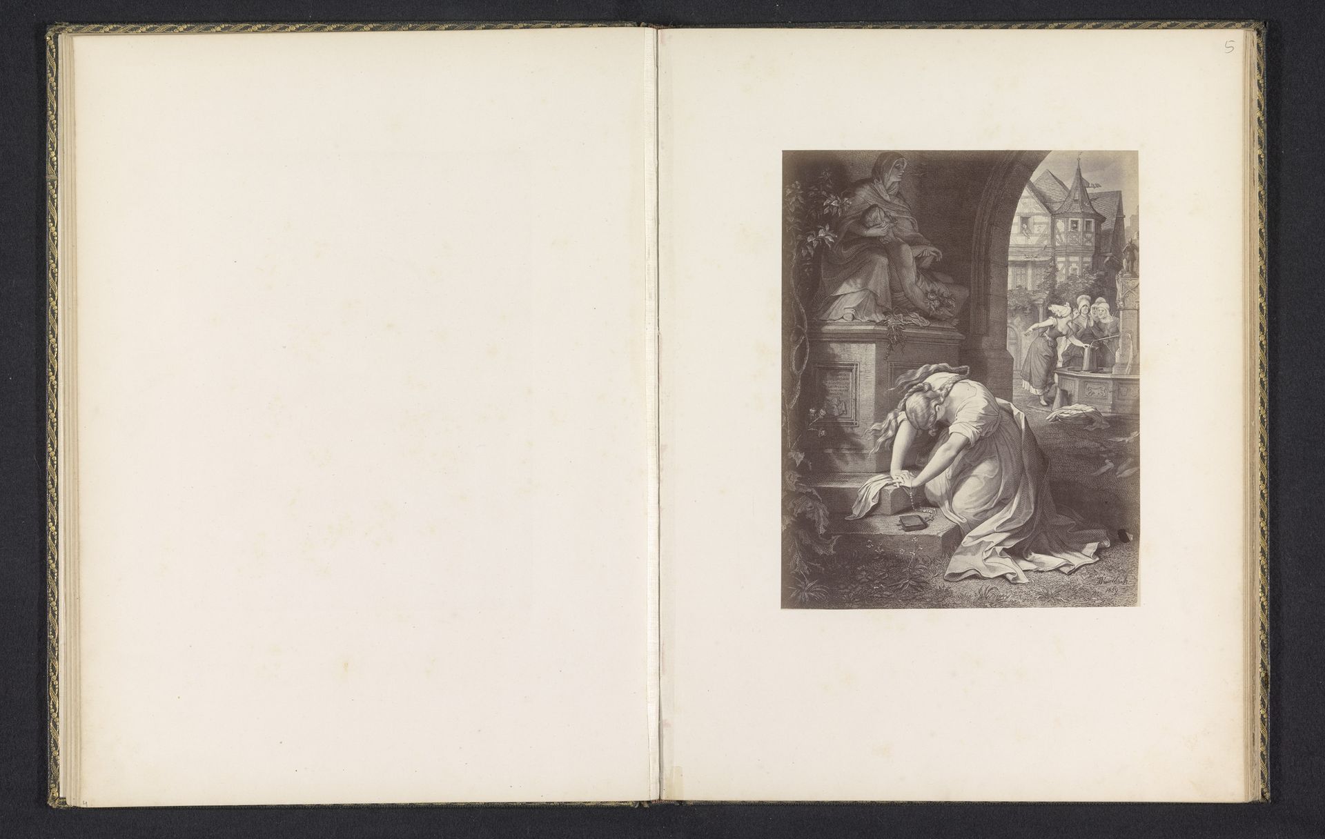 Fotoreproductie van een prent van een scene uit Faust, voorstellende Gretchen voor een sculptuur van de Piëta by Anonymous