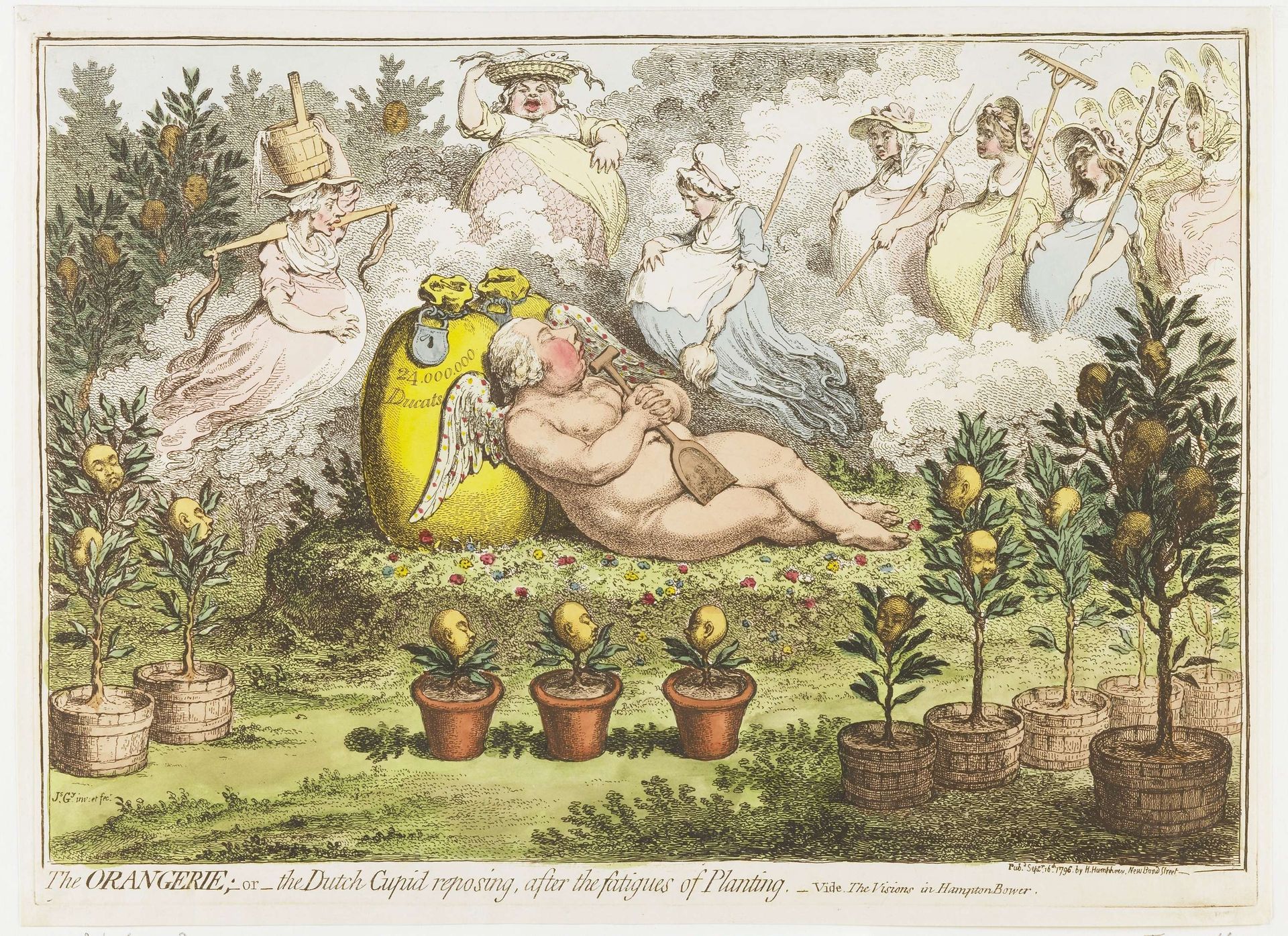De Orangerie: De Hollandse Cupido, uitrustend van de vermoeienissen van het planten, 1796 by James Gillray