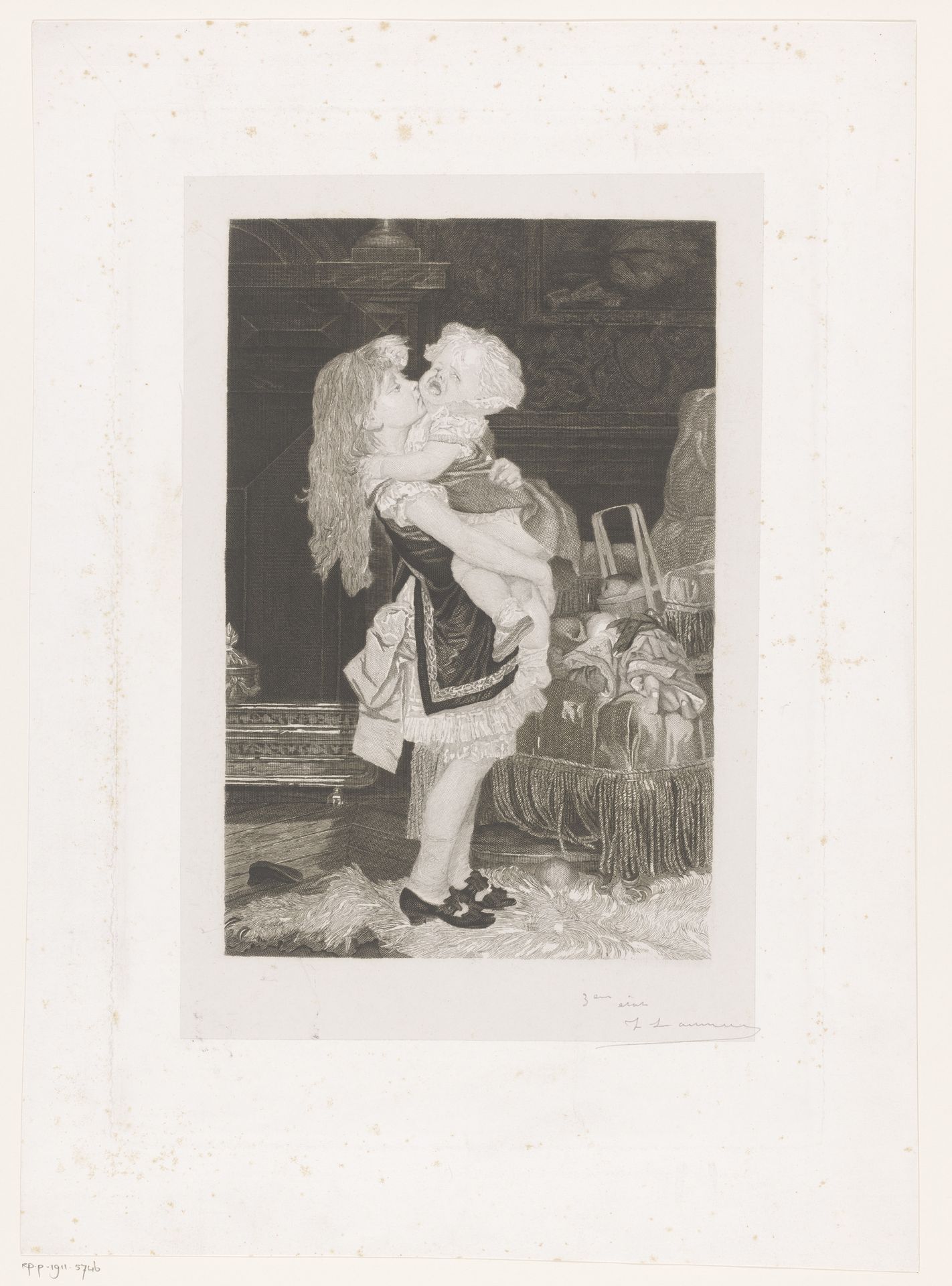 Meisje met een huilende peuter in haar armen by Frans Lauwers