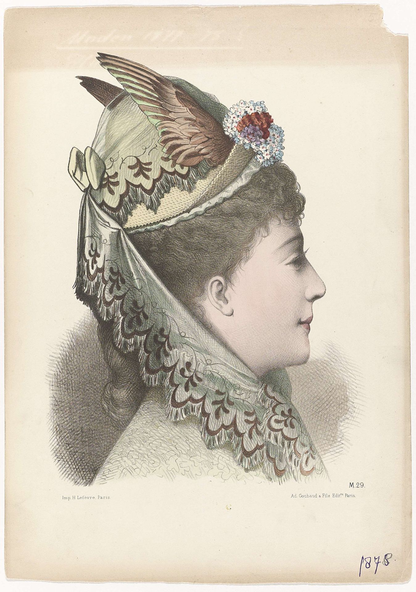 Vrouwenhoofd met hoed en voile, 1875, No. M.29 by Anonymous
