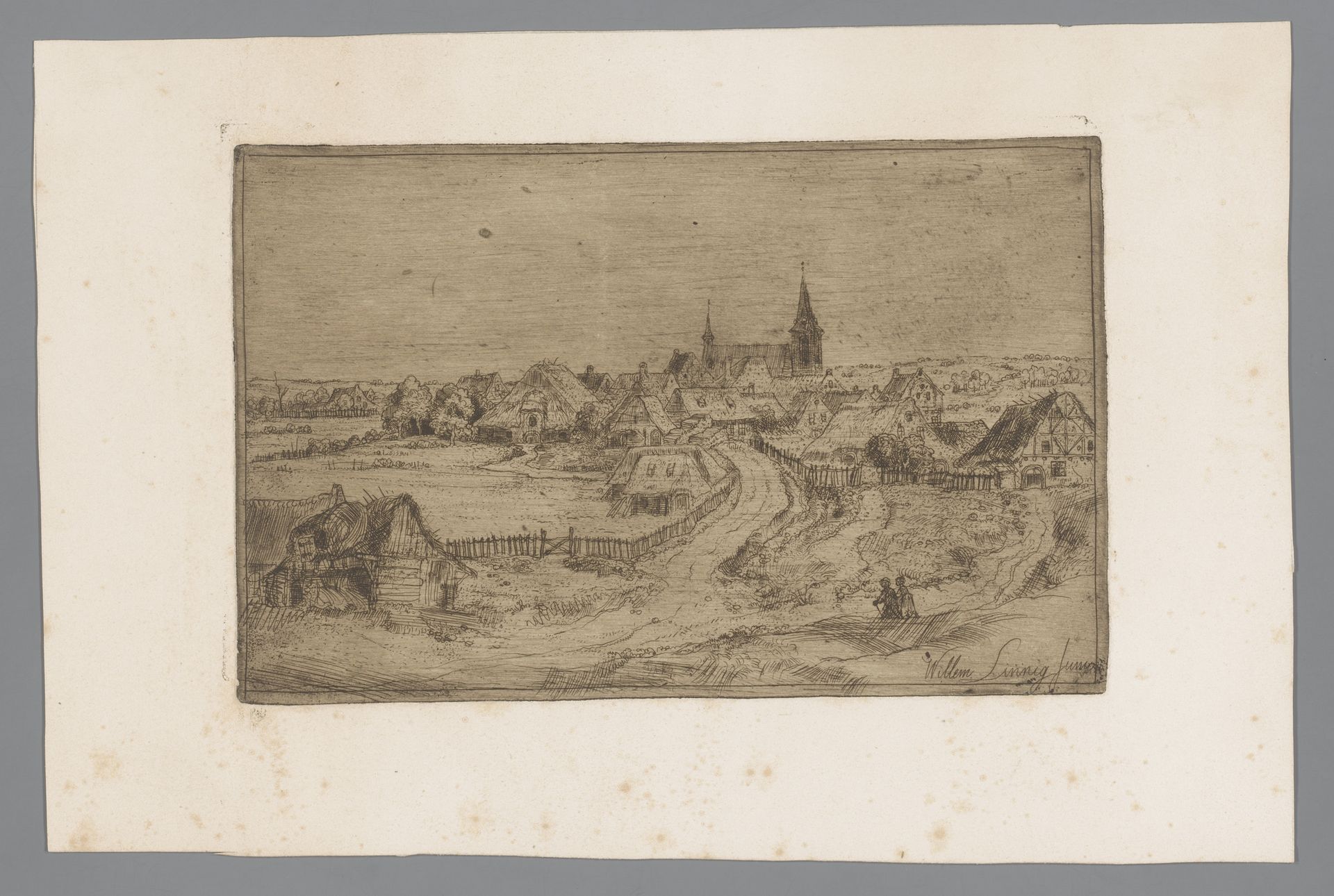Gezicht op een dorp met kerk op de achtergrond by Willem (II) Linnig