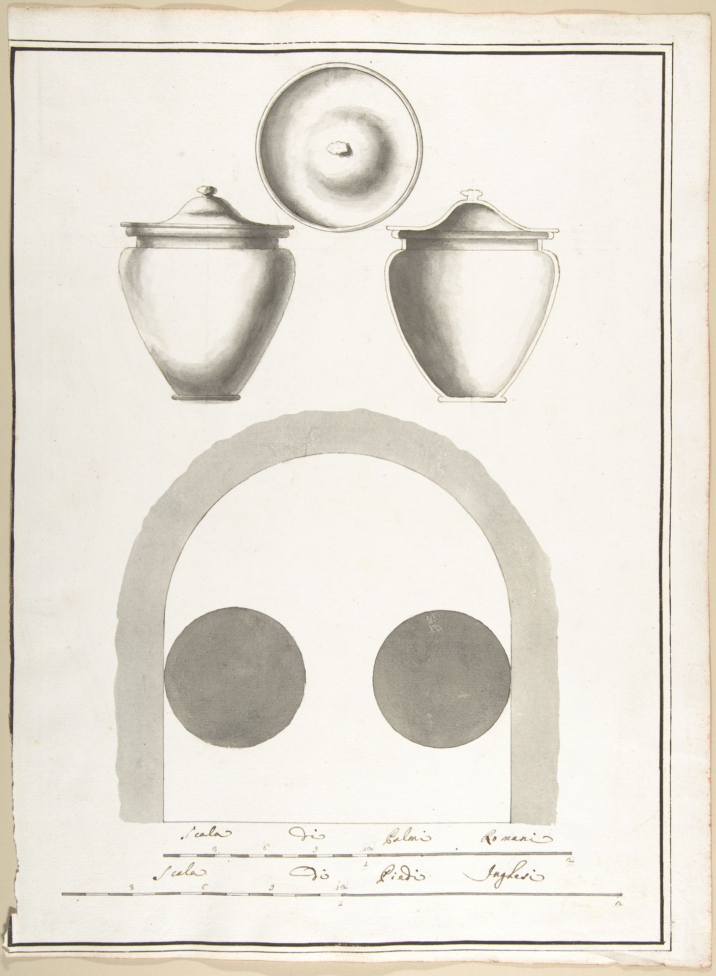 Plan of Niche in a Columbarium with a Section, Elevation and Top View of a Funerary Urn by Pietro Paolo Coccetti (Cocchetti)