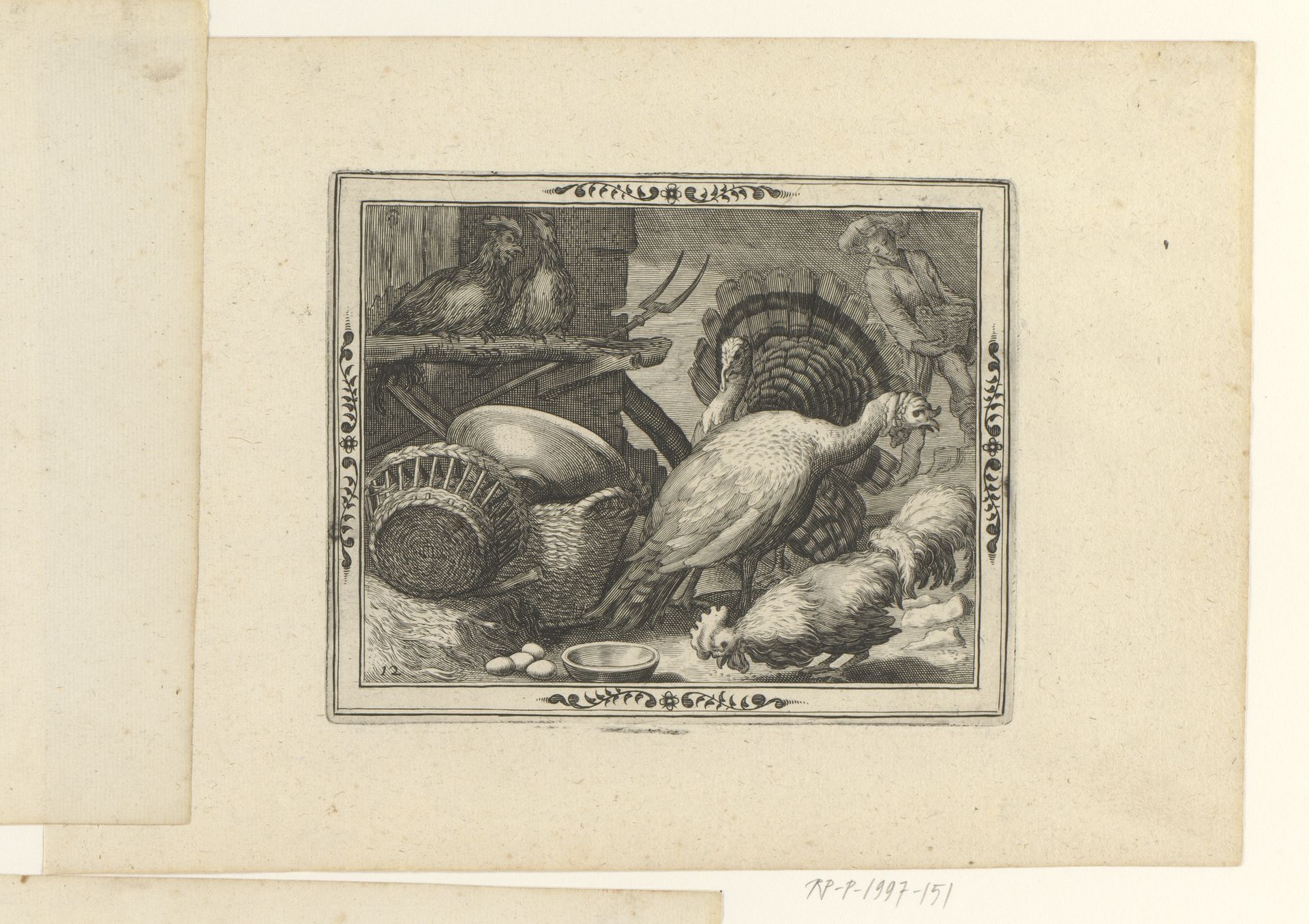 Twee kalkoenen en drie kippen tussen rieten manden by Jean Leclerc
