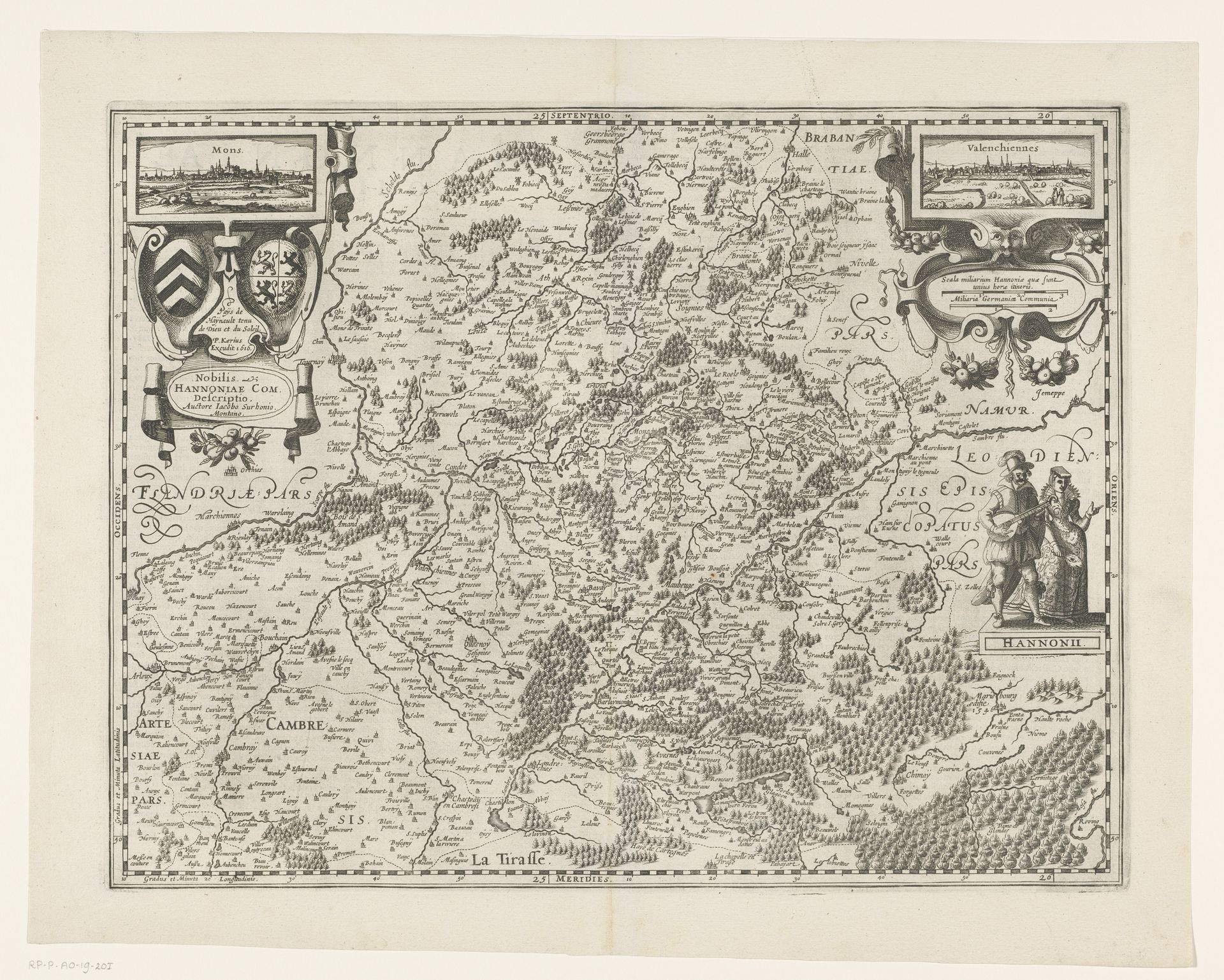 Kaart van het graafschap Henegouwen, met een gezicht op Bergen en Valenciennes by Anonymous