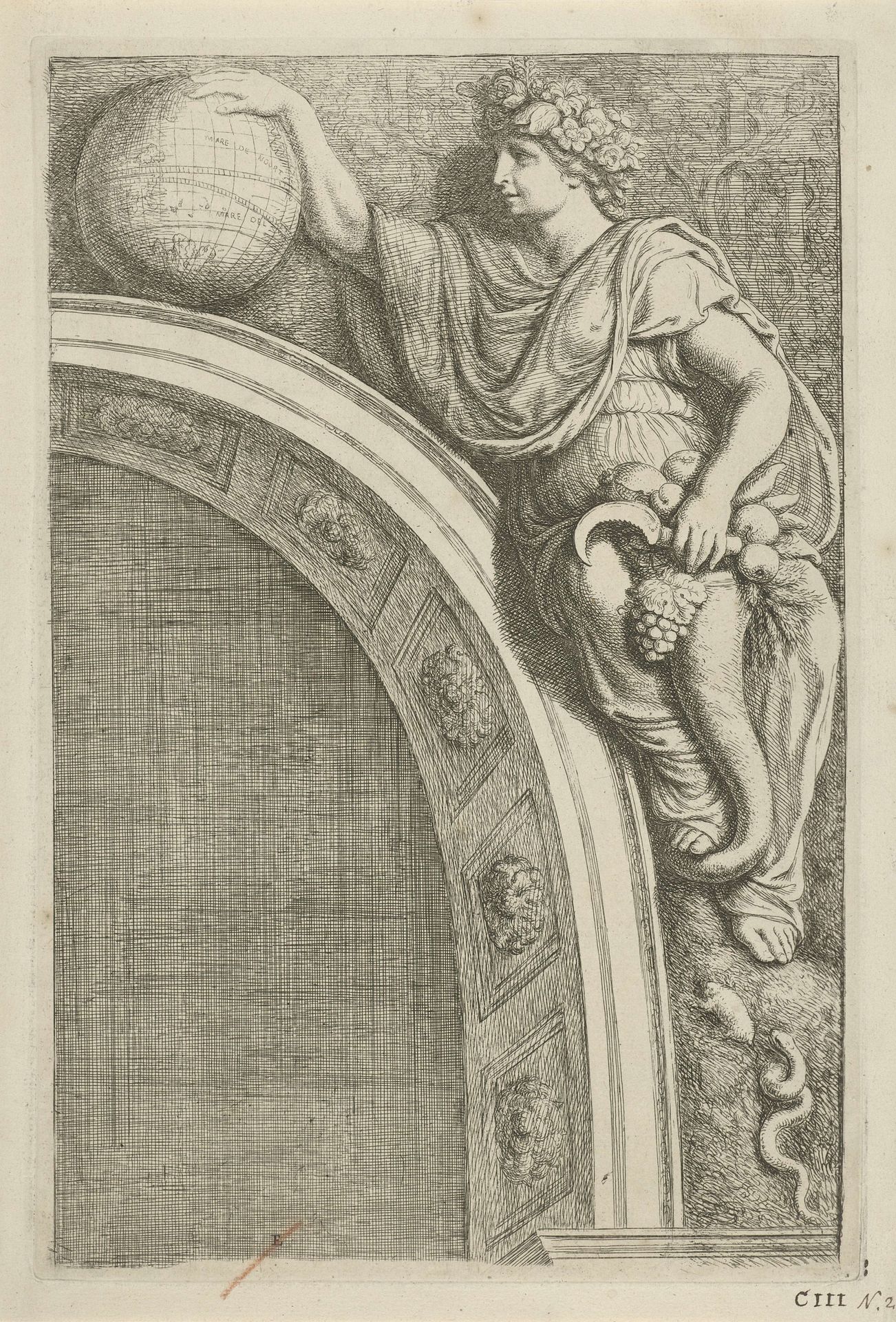 Reliëf met personificatie van het element Aarde boven boog aan westzijde van de Burgerzaal in het Stadhuis op de Dam by Hubert Quellinus