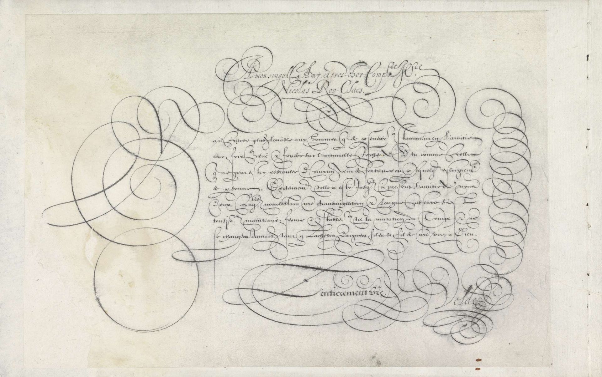 Ontwerp van een schrijfvoorbeeld: A mon singul[ier] amy (...) by Jan van de Velde I