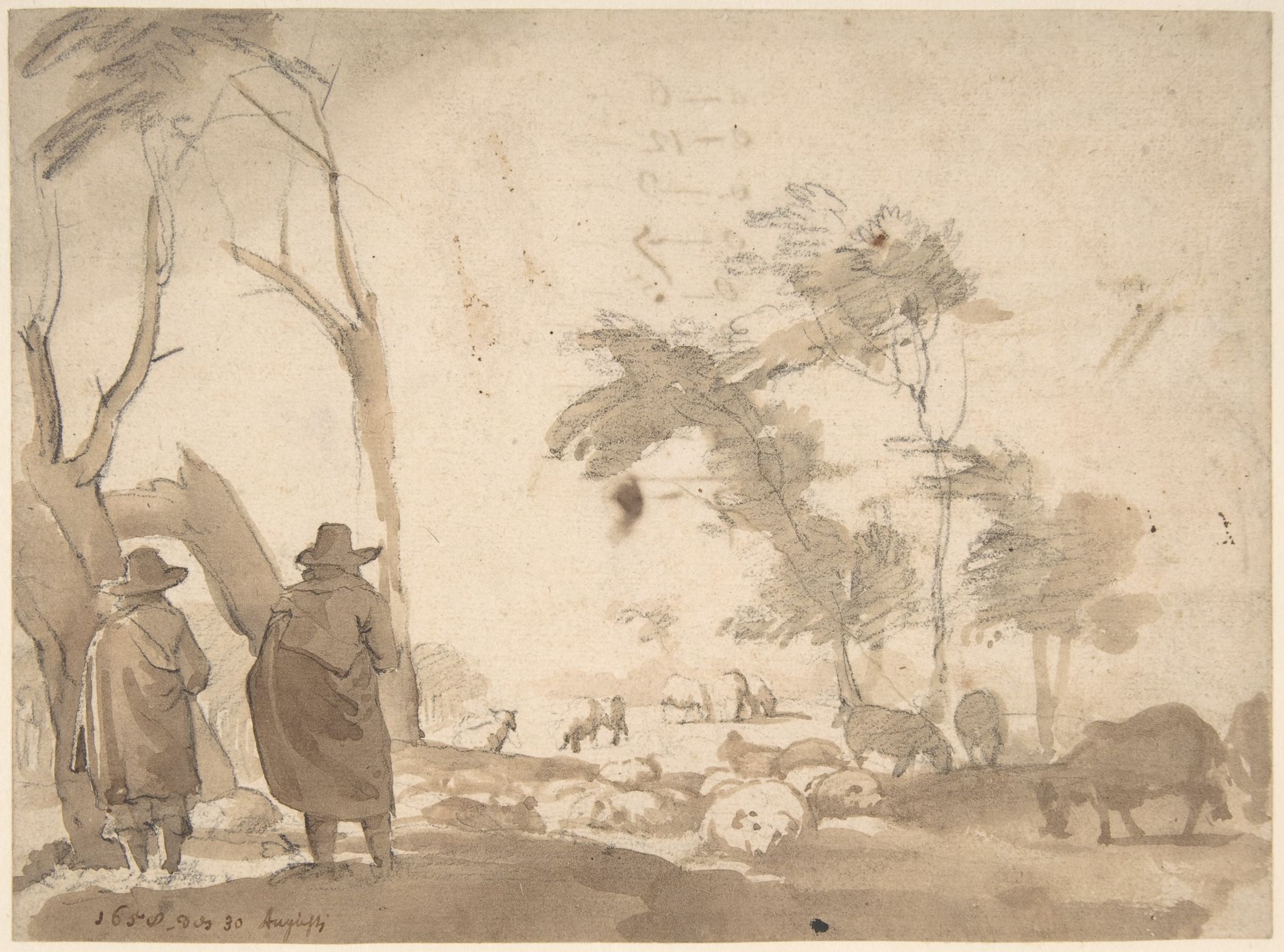 Landscape with Sheep and Two Figures (recto); Faint Sketch of a Figure with a Hat (verso) by Jacob van der Does
