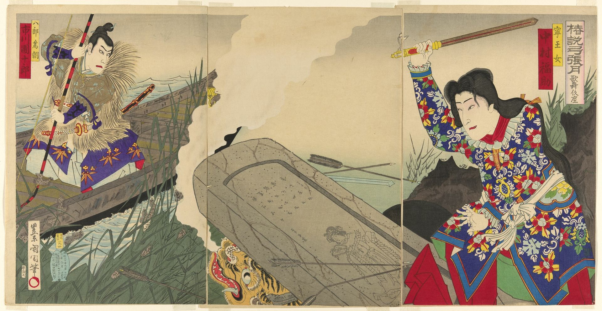 The actors Nakamura Fukusuke IV as Neiojo and Ichikawa Danjuro IX as Hachiro Tametomo by Toyohara Kunichika